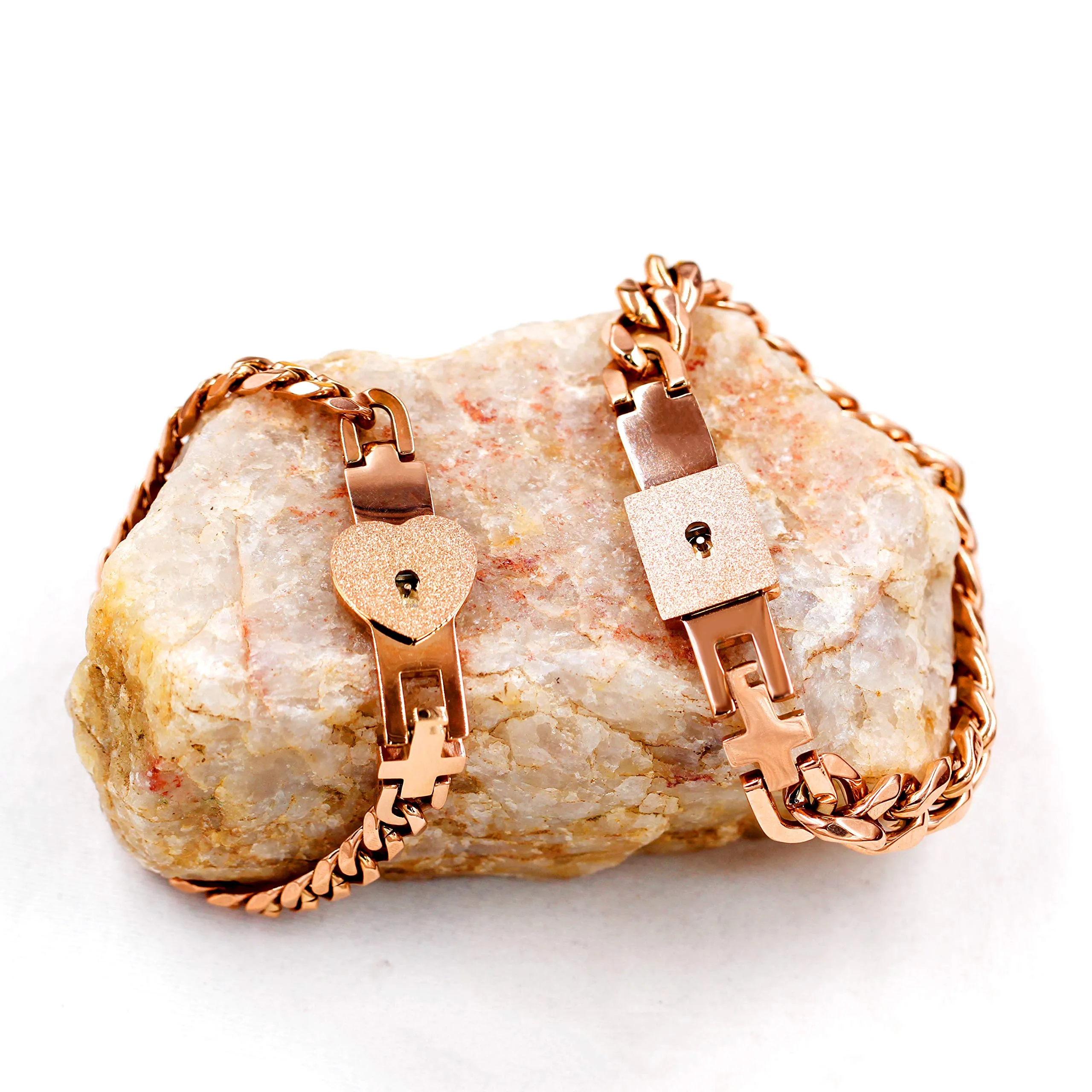 Uloveido Braccialetti rigidi quadrati a catena cubana con lucchetto a cuore per coppie Y853, Oro Rosa - immagine 7