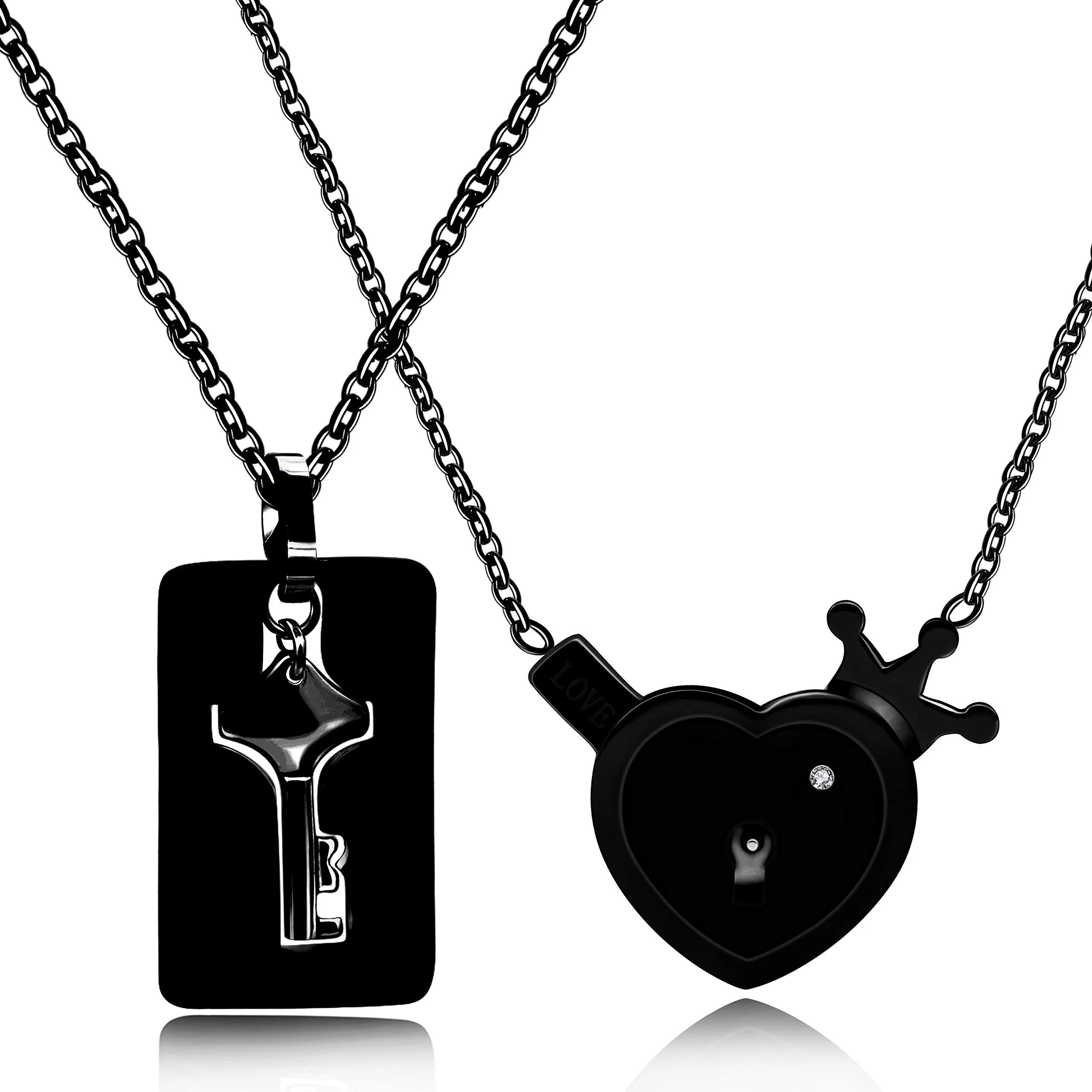 Uloveido Collane per coppie con lucchetto a cuore e chiave in acciaio inossidabile Y844-nero - immagine 1