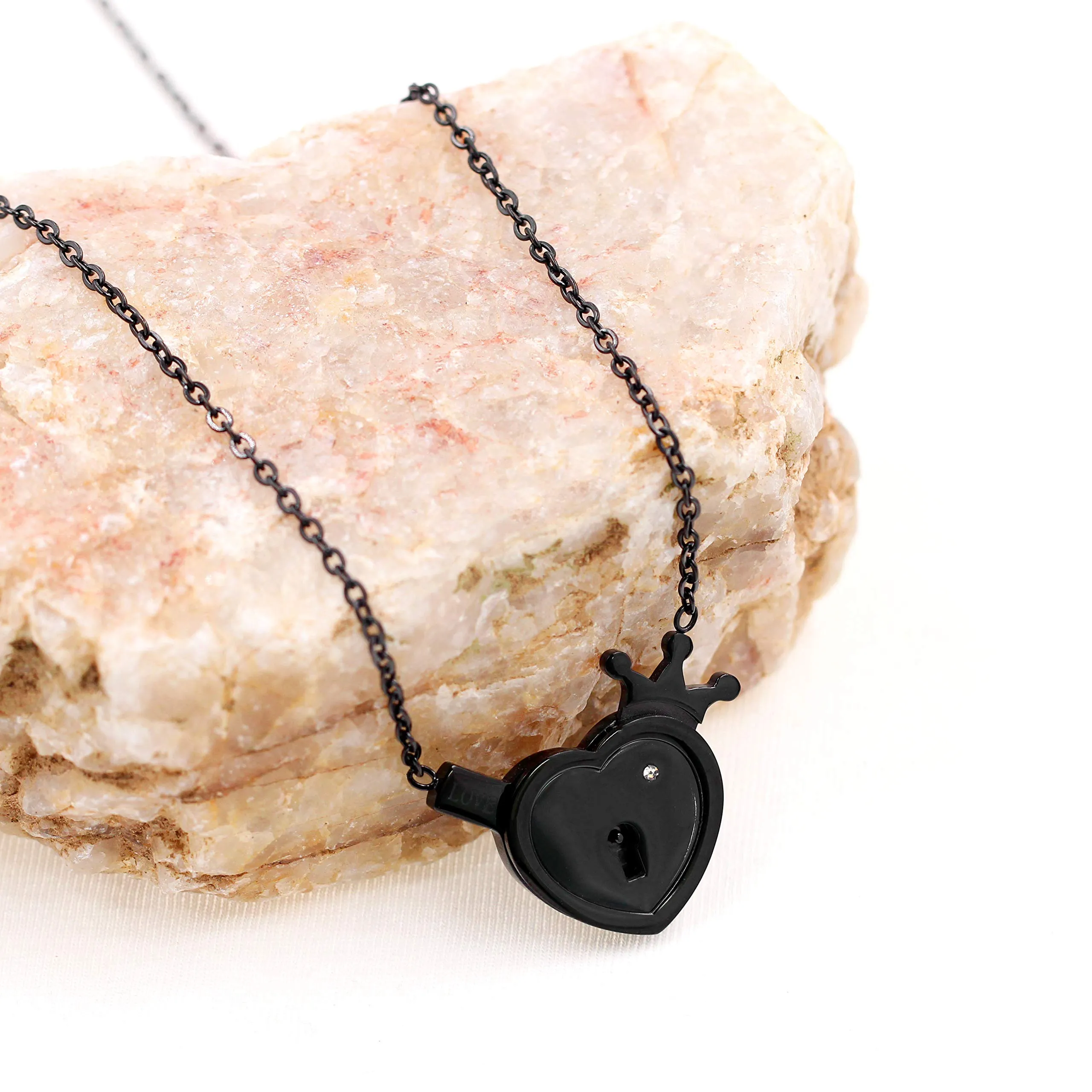 Uloveido Collane per coppie con lucchetto a cuore e chiave in acciaio inossidabile Y844-nero - immagine 4