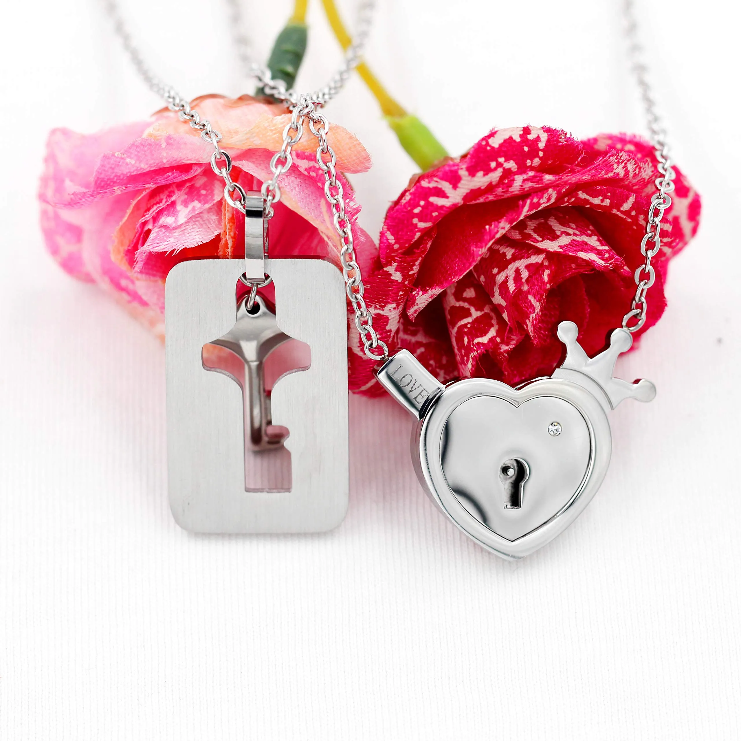 Uloveido Set di collane coordinati in acciaio inossidabile con ciondolo a cuore e chiave Y844 - immagine 4