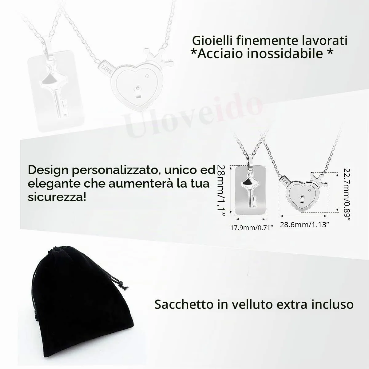 Uloveido Set di collane coordinati in acciaio inossidabile con ciondolo a cuore e chiave Y844 - immagine 6