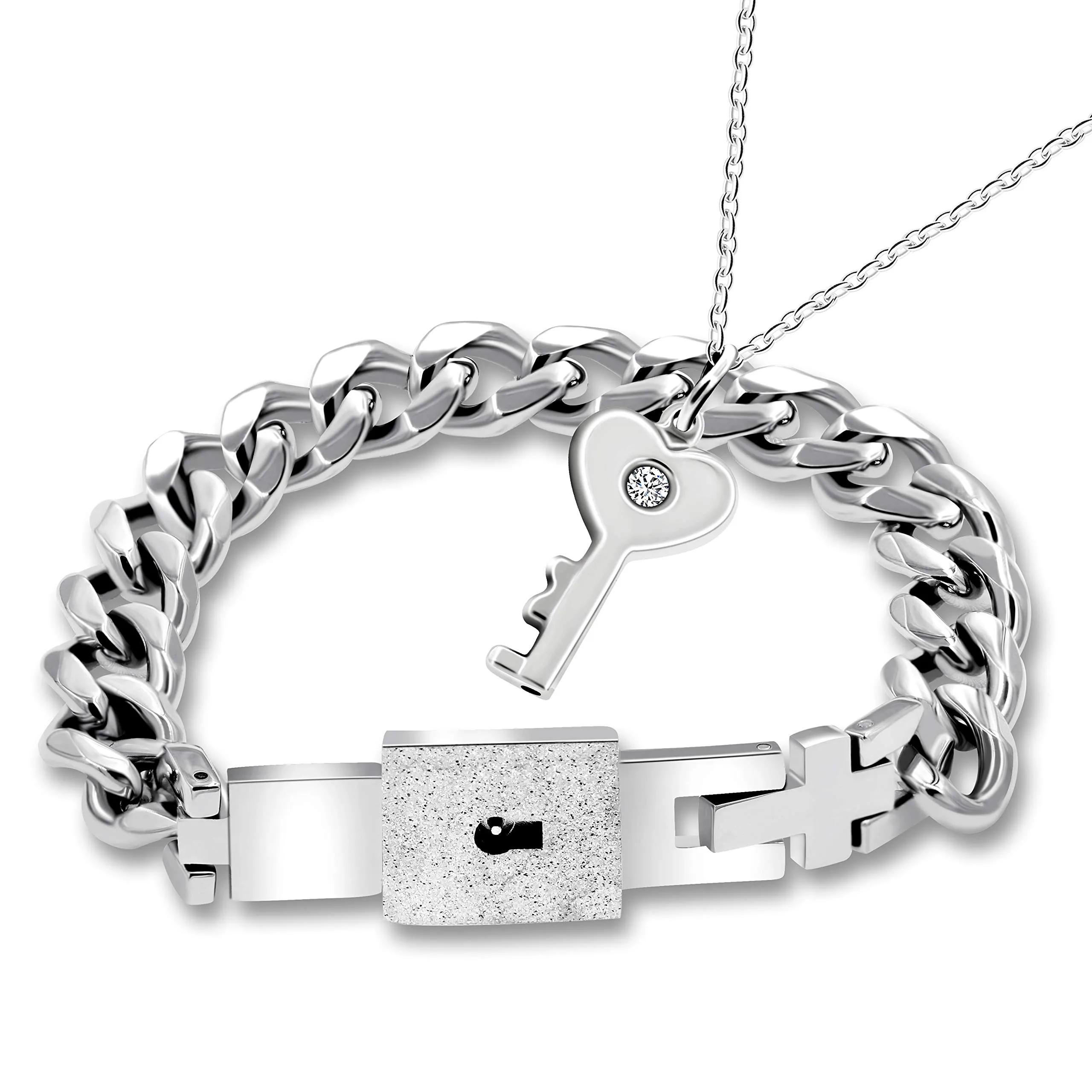 Uloveido Set di gioielli in acciaio al titanio con bracciale a lucchetto e collana con ciondolo chiave Y808 - immagine 1