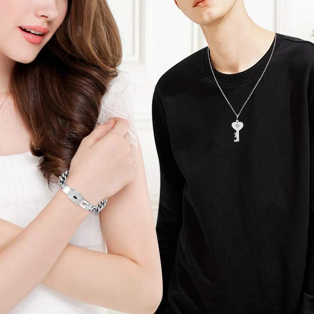 Uloveido Set di gioielli in acciaio al titanio con bracciale a lucchetto e collana con ciondolo chiave Y808 - immagine 2
