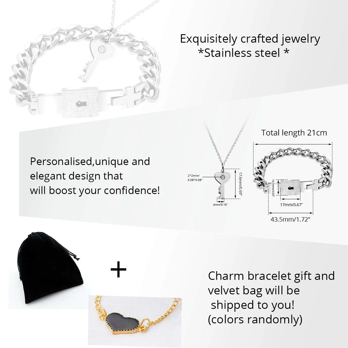 Uloveido Set di gioielli in acciaio al titanio con bracciale a lucchetto e collana con ciondolo chiave Y808 - immagine 7