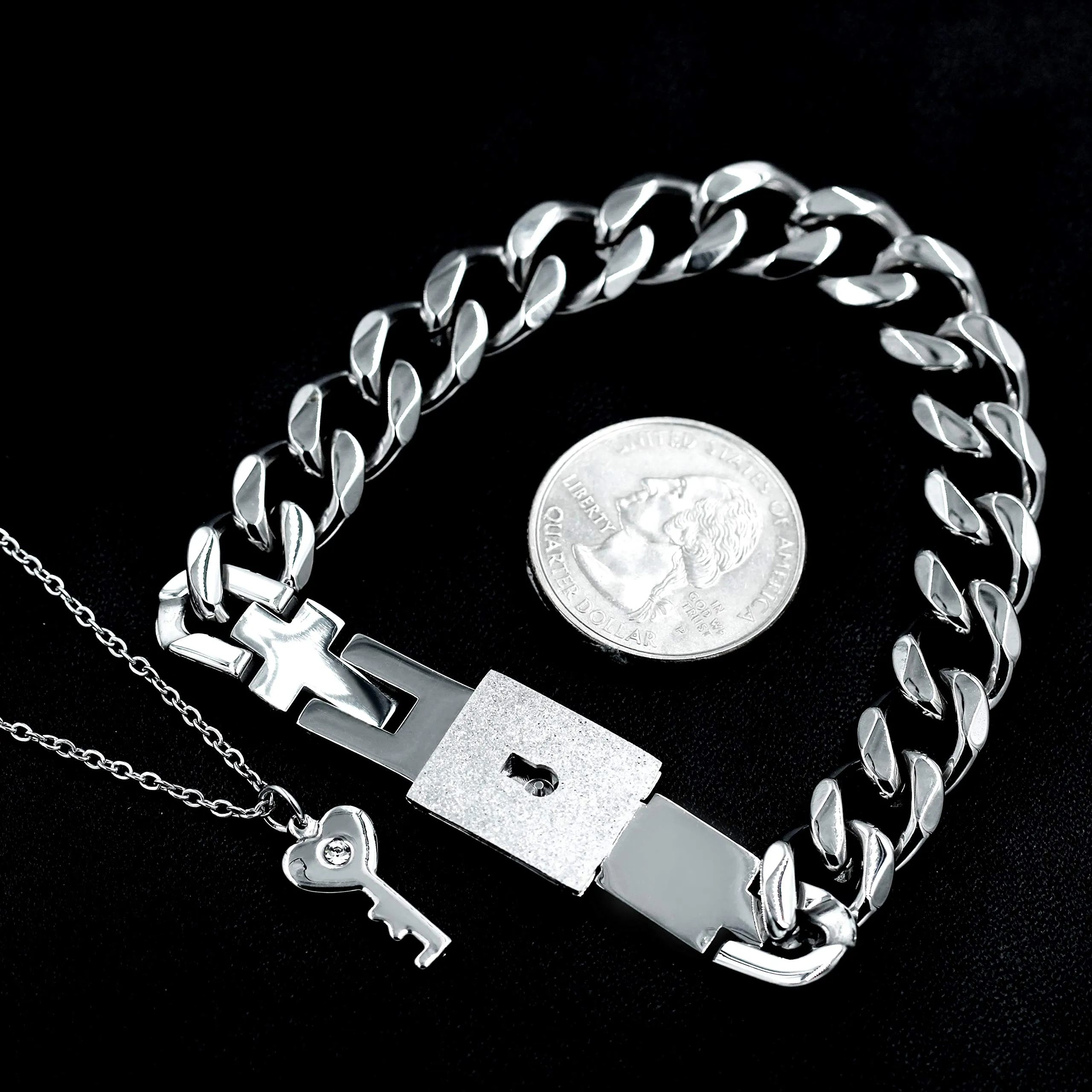 Uloveido Set di gioielli in acciaio al titanio con bracciale a lucchetto e collana con ciondolo chiave Y808 - immagine 8