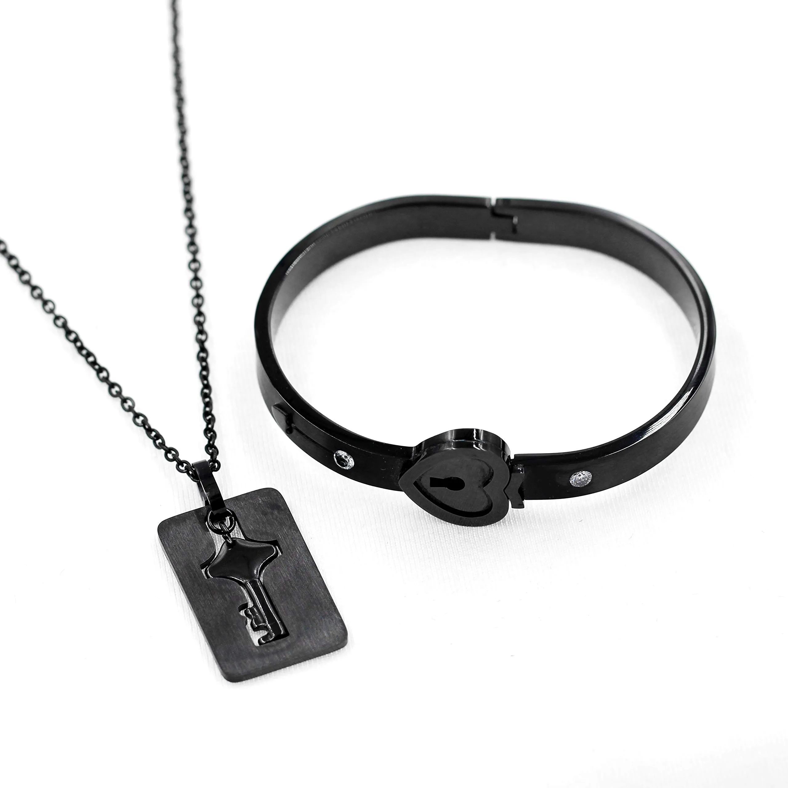 Uloveido Bracciale rigido e collana con ciondolo cuore e chiave, placcato nero, SN300-Nero - immagine 3