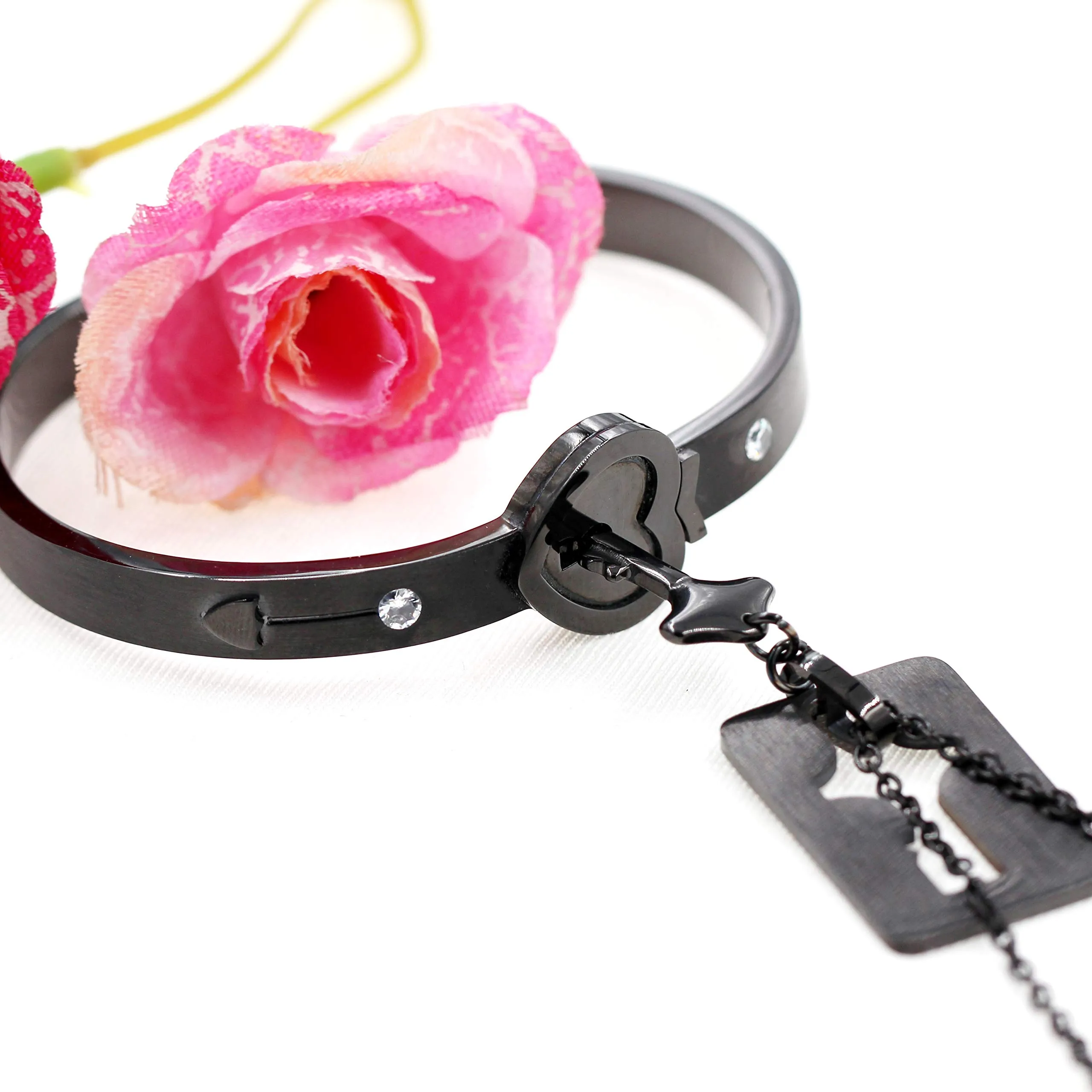 Uloveido Bracciale rigido e collana con ciondolo cuore e chiave, placcato nero, SN300-Nero - immagine 4