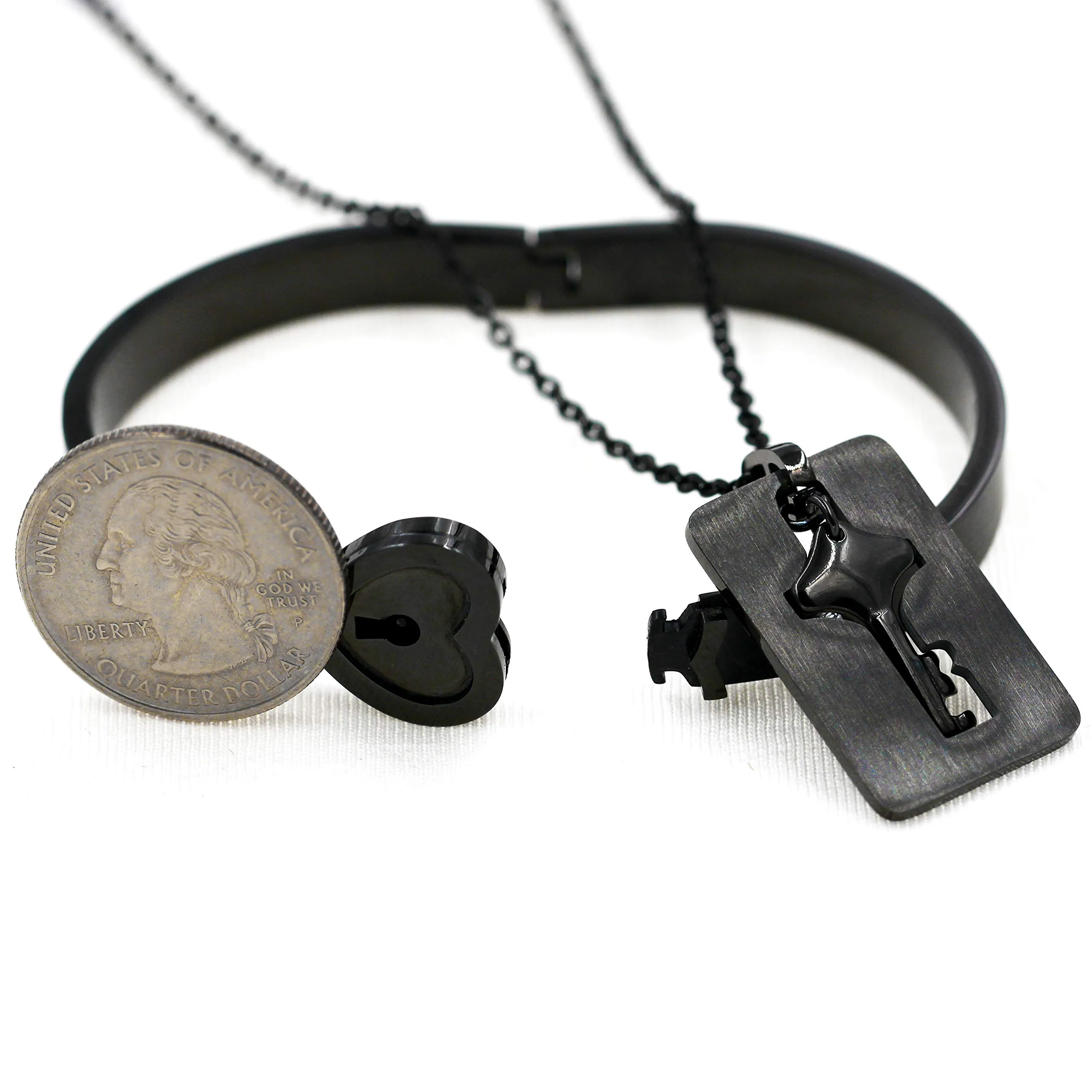 Uloveido Bracciale rigido e collana con ciondolo cuore e chiave, placcato nero, SN300-Nero - immagine 5