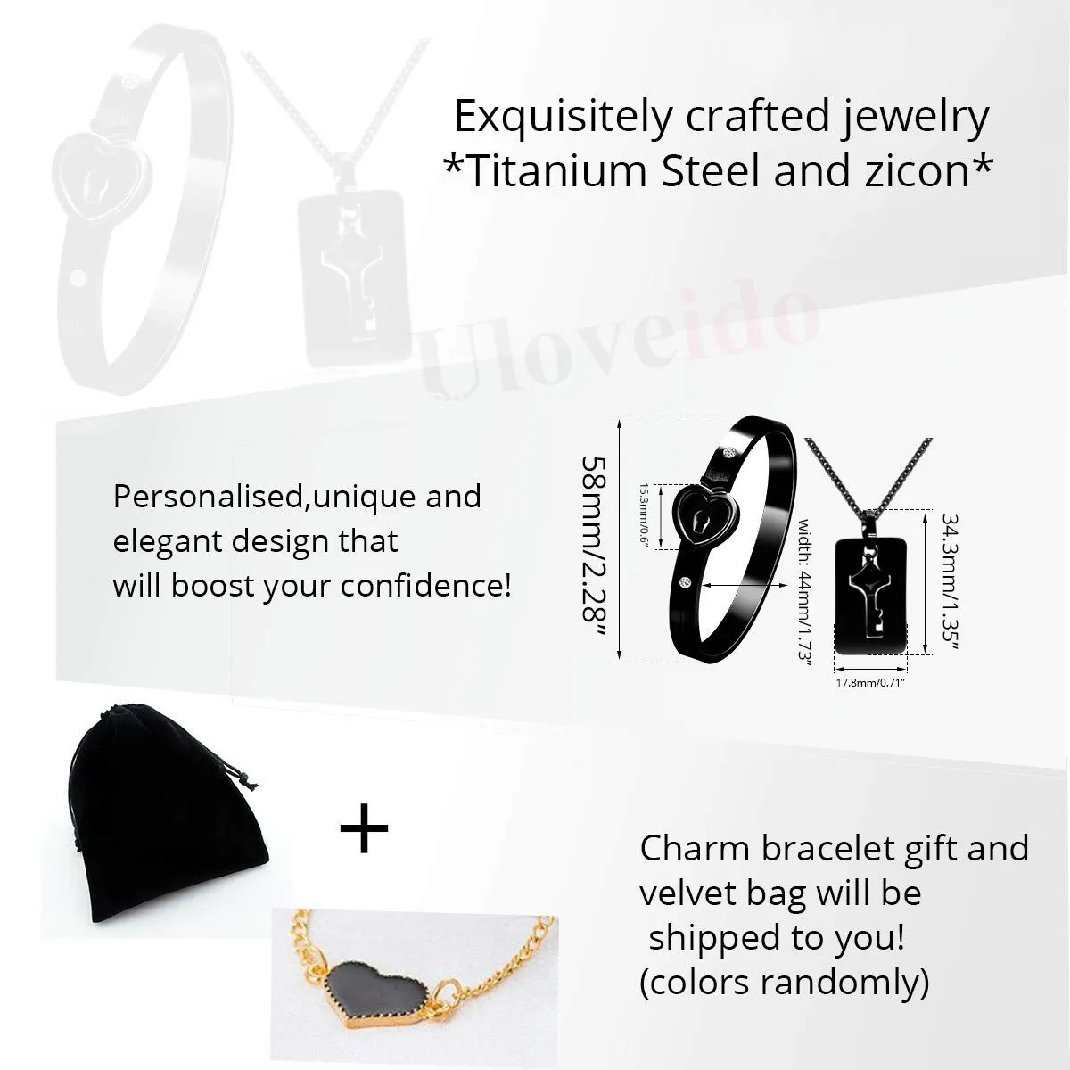Uloveido Bracciale rigido e collana con ciondolo cuore e chiave, placcato nero, SN300-Nero - immagine 7