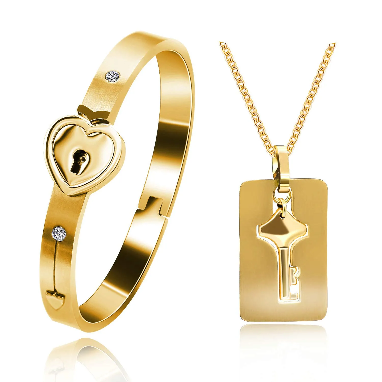 Uloveido Set Bracciale a Puzzle e Collana con Ciondolo a Chiave in Acciaio Inossidabile Placcato Oro SN300 - immagine 1