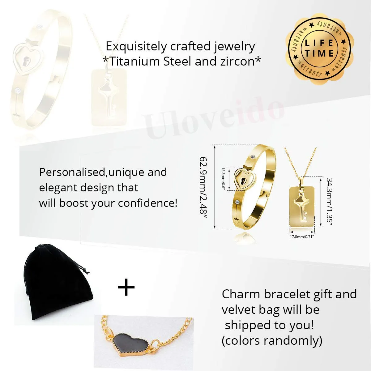 Uloveido Set Bracciale a Puzzle e Collana con Ciondolo a Chiave in Acciaio Inossidabile Placcato Oro SN300 - immagine 7