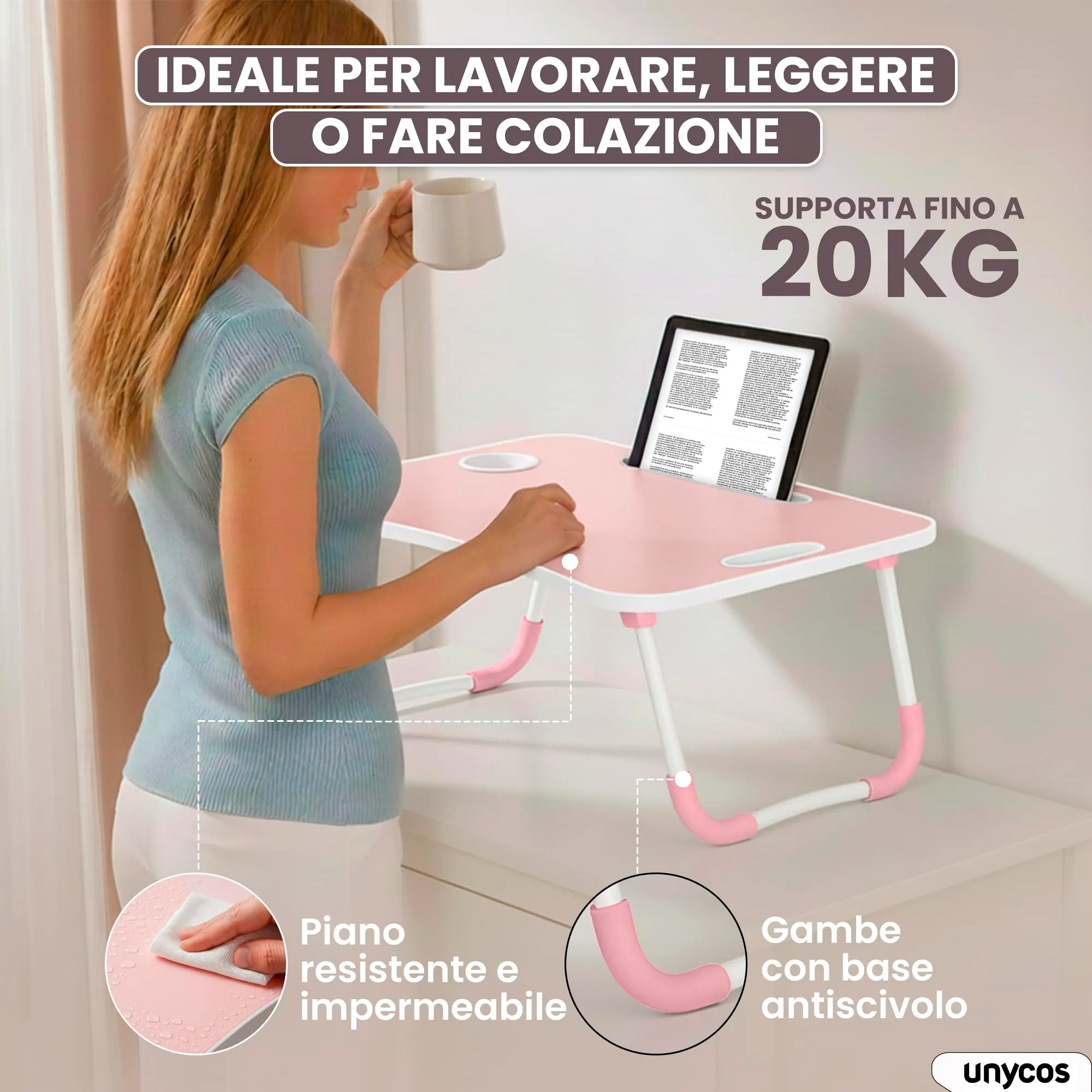 unycos Tavolino Pieghevole da Letto 60x40x26 cm, Rosa, senza Cassetto - immagine 2