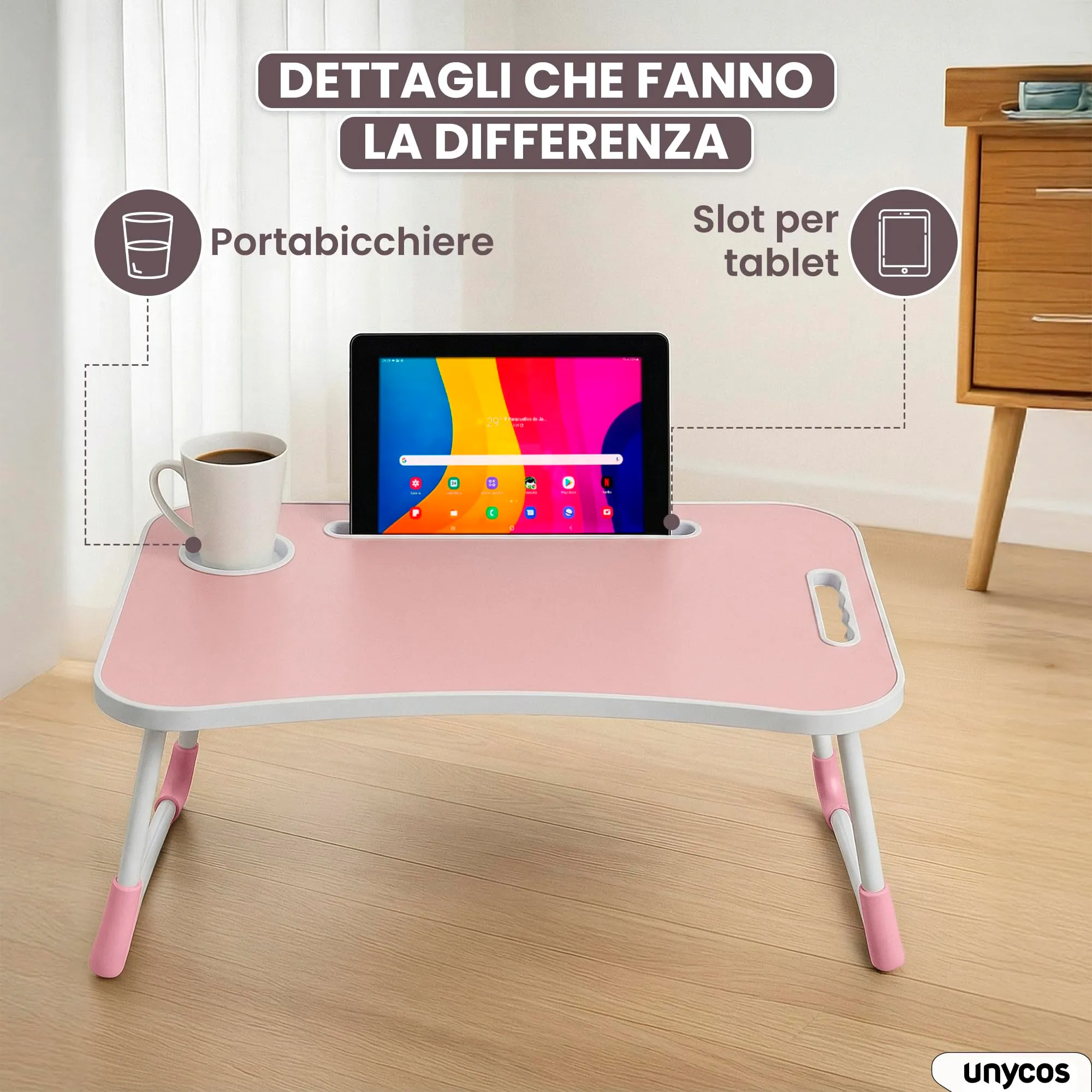 unycos Tavolino Pieghevole da Letto 60x40x26 cm, Rosa, senza Cassetto - immagine 4