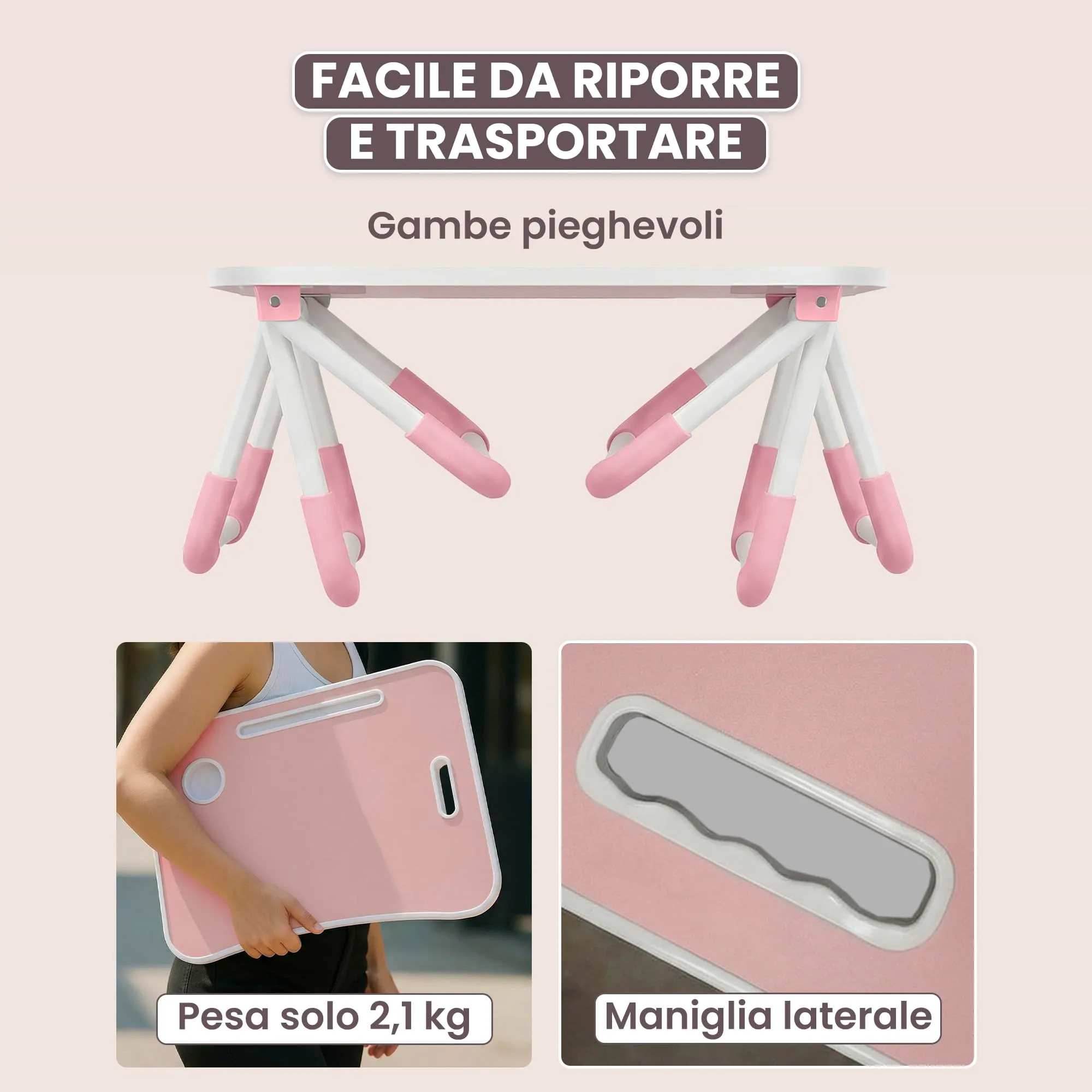 unycos Tavolino Pieghevole da Letto 60x40x26 cm, Rosa, senza Cassetto - immagine 6