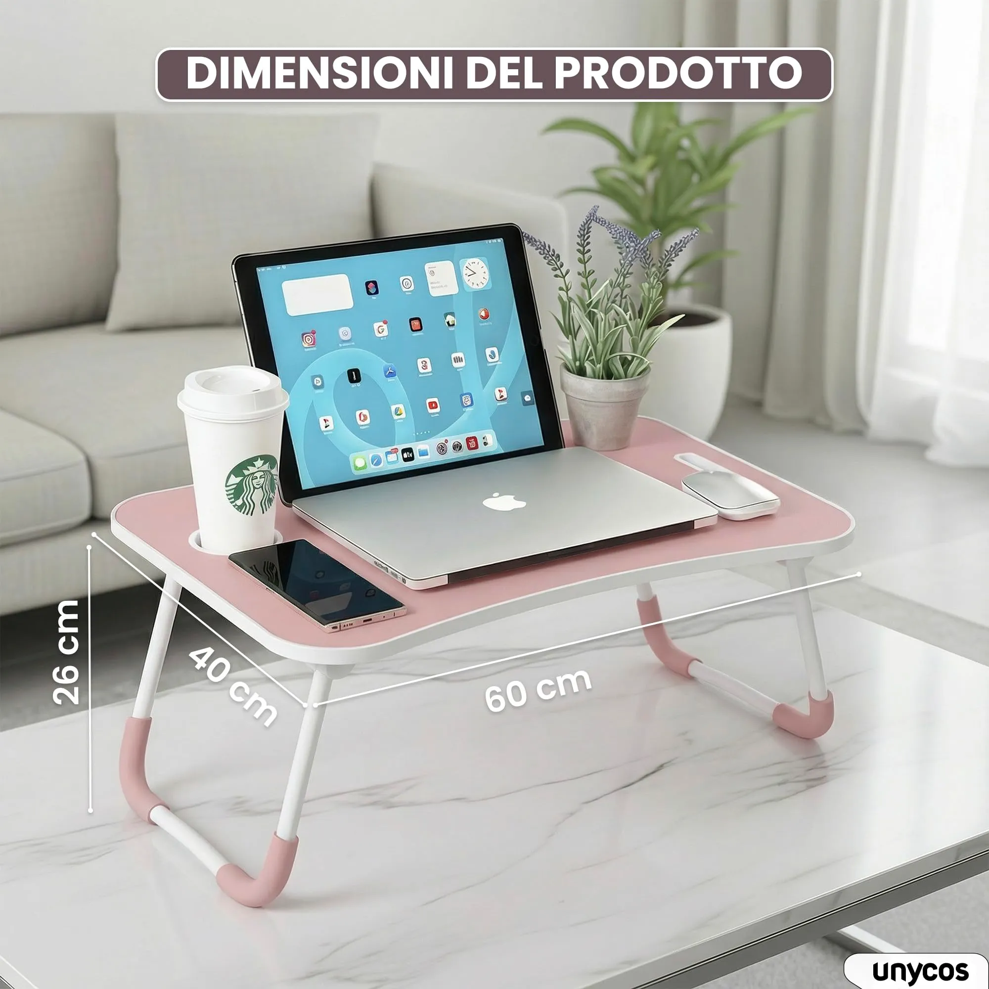 unycos Tavolino Pieghevole da Letto 60x40x26 cm, Rosa, senza Cassetto - immagine 7