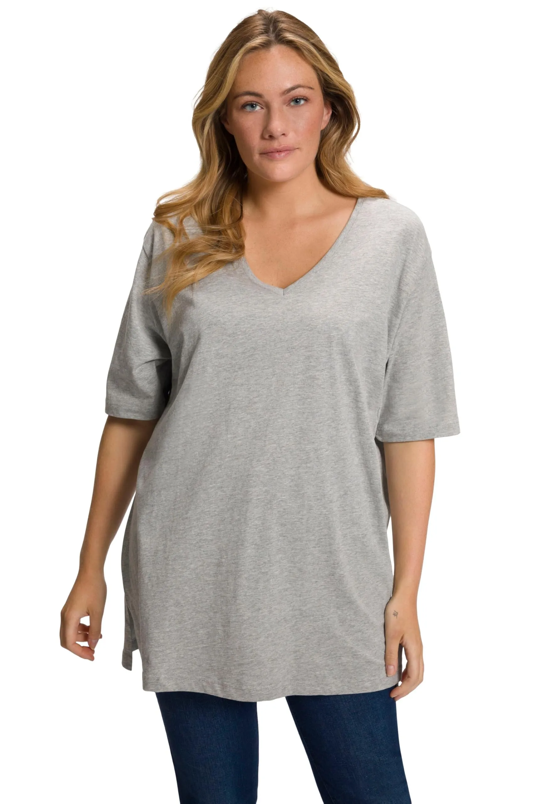 Ulla Popken Maglietta Basic Scollo a V Mezza Manica Donna, Grigio Chiaro Mélange, 60-62 - immagine 1