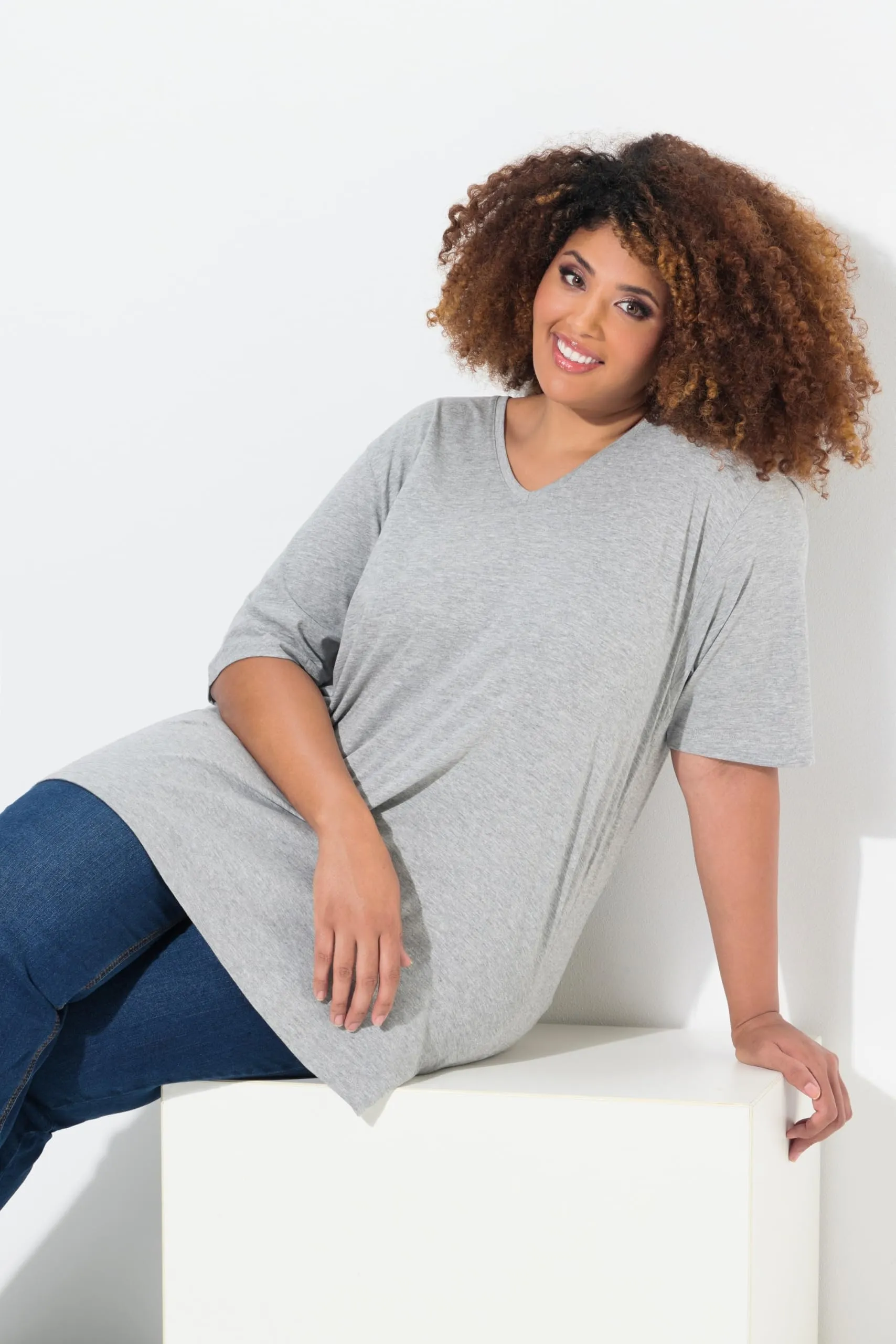 Ulla Popken Maglietta Basic Scollo a V Mezza Manica Donna, Grigio Chiaro Mélange, 60-62 - immagine 3
