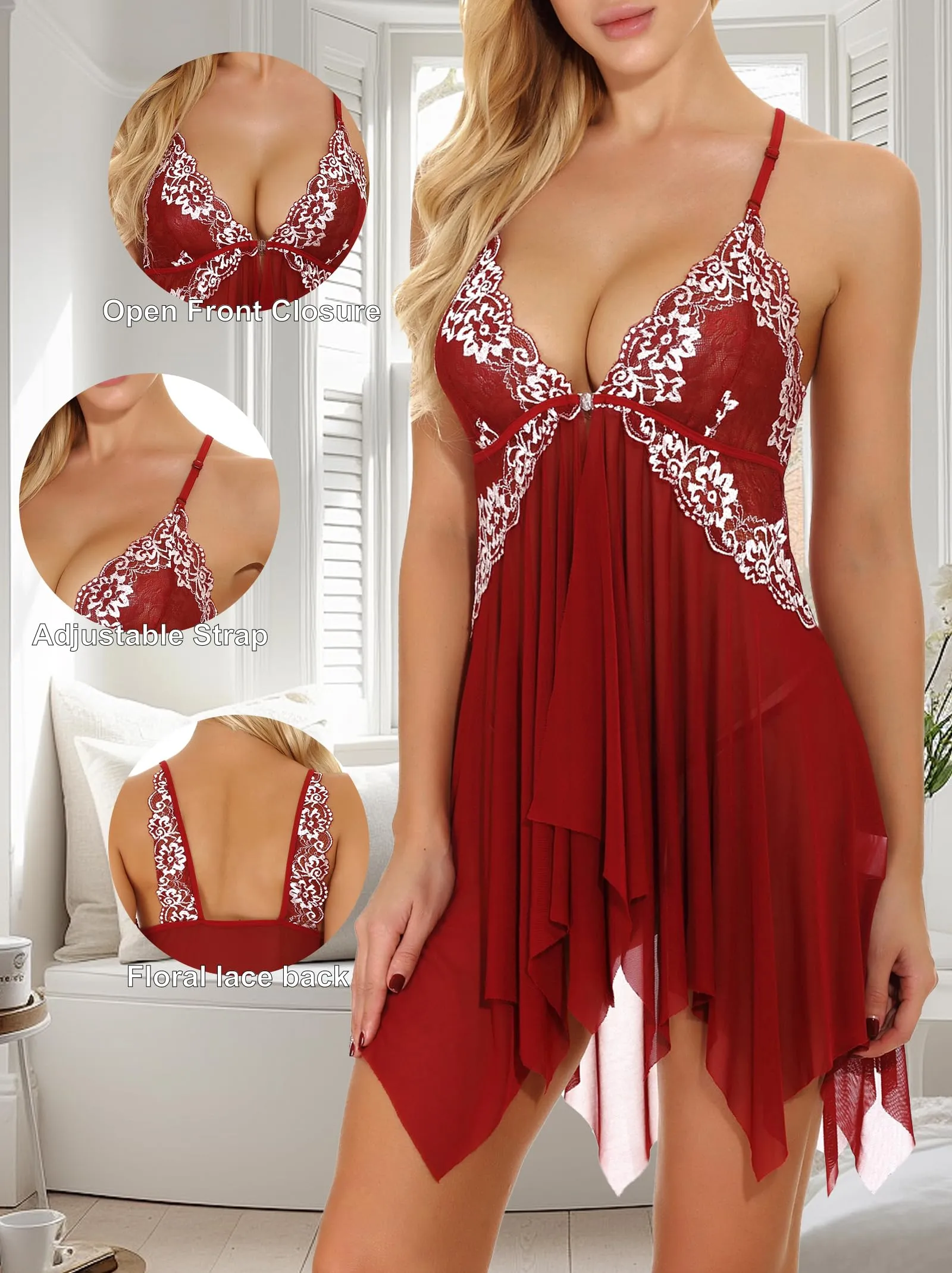 ONGASOFT Lingerie Donna Pizzo Babydoll Trasparente con Chiusura Frontale e Perizoma, Borgogna - immagine 4