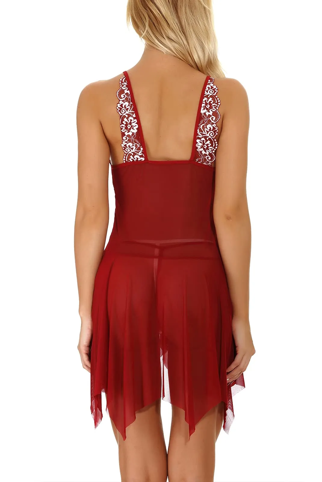 ONGASOFT Lingerie Donna Babydoll in Pizzo Trasparente con Chiusura Frontale e Perizoma, Borgogna - immagine 6