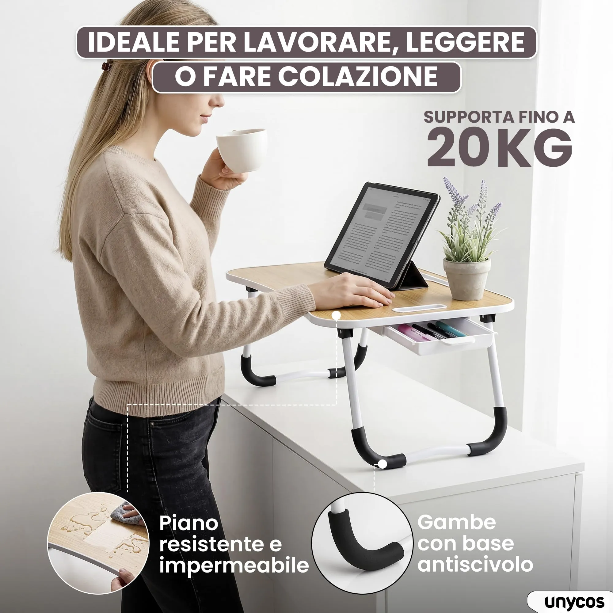 unycos Tavolino Pieghevole da Letto 60x40x26 cm, Noce, con Cassetto - immagine 2