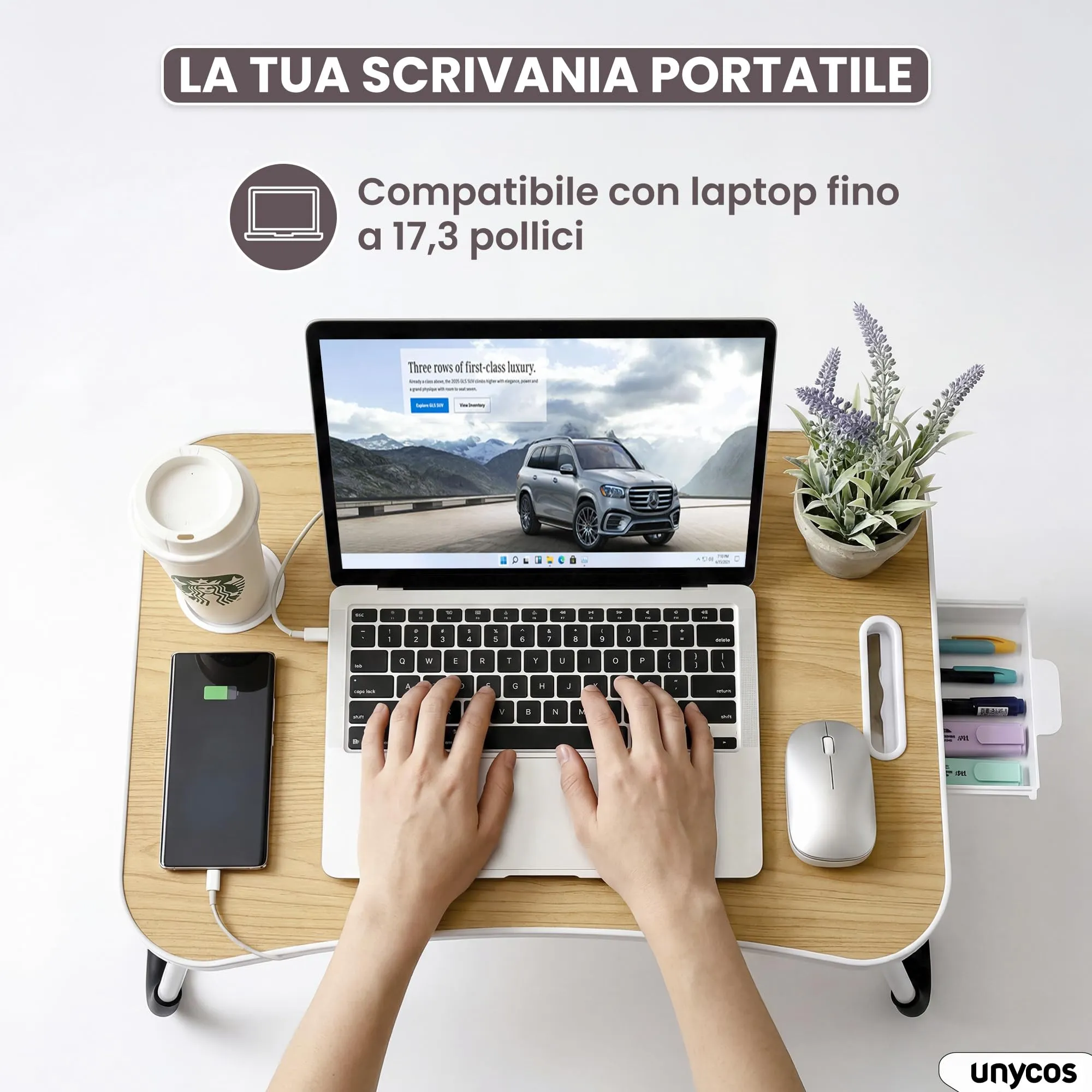unycos Tavolino Pieghevole da Letto 60x40x26 cm, Noce, con Cassetto - immagine 3