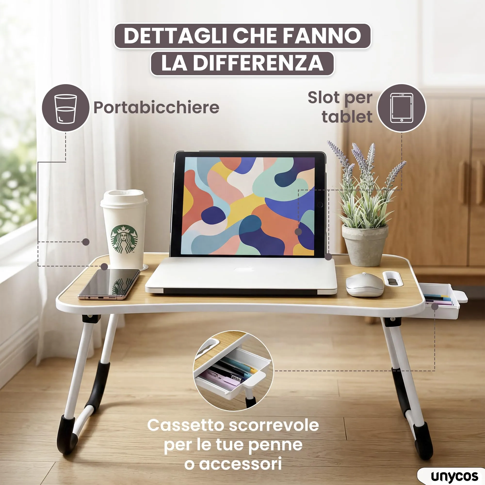 unycos Tavolino Pieghevole da Letto 60x40x26 cm, Noce, con Cassetto - immagine 4