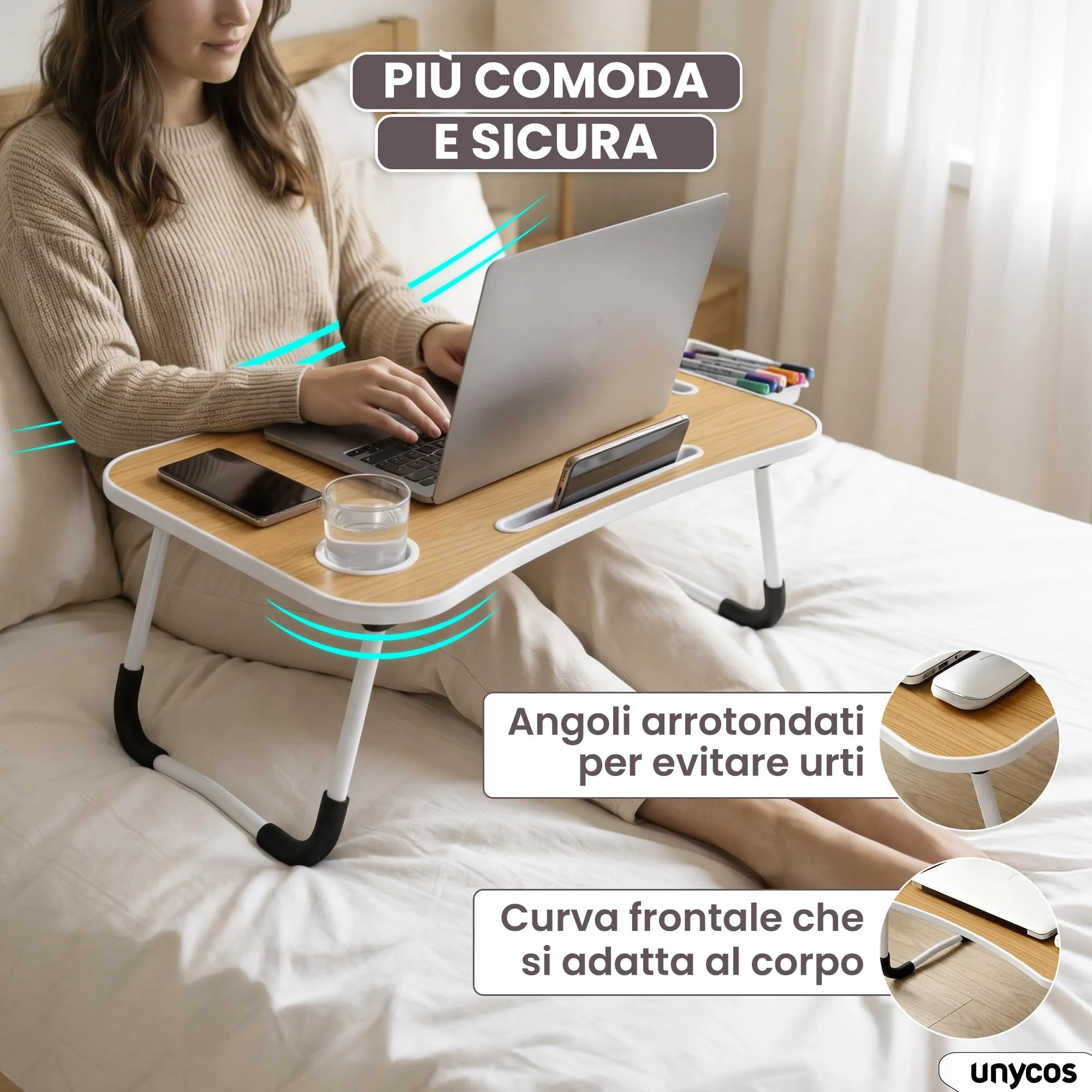 unycos Tavolino Pieghevole da Letto 60x40x26 cm, Noce, con Cassetto - immagine 5