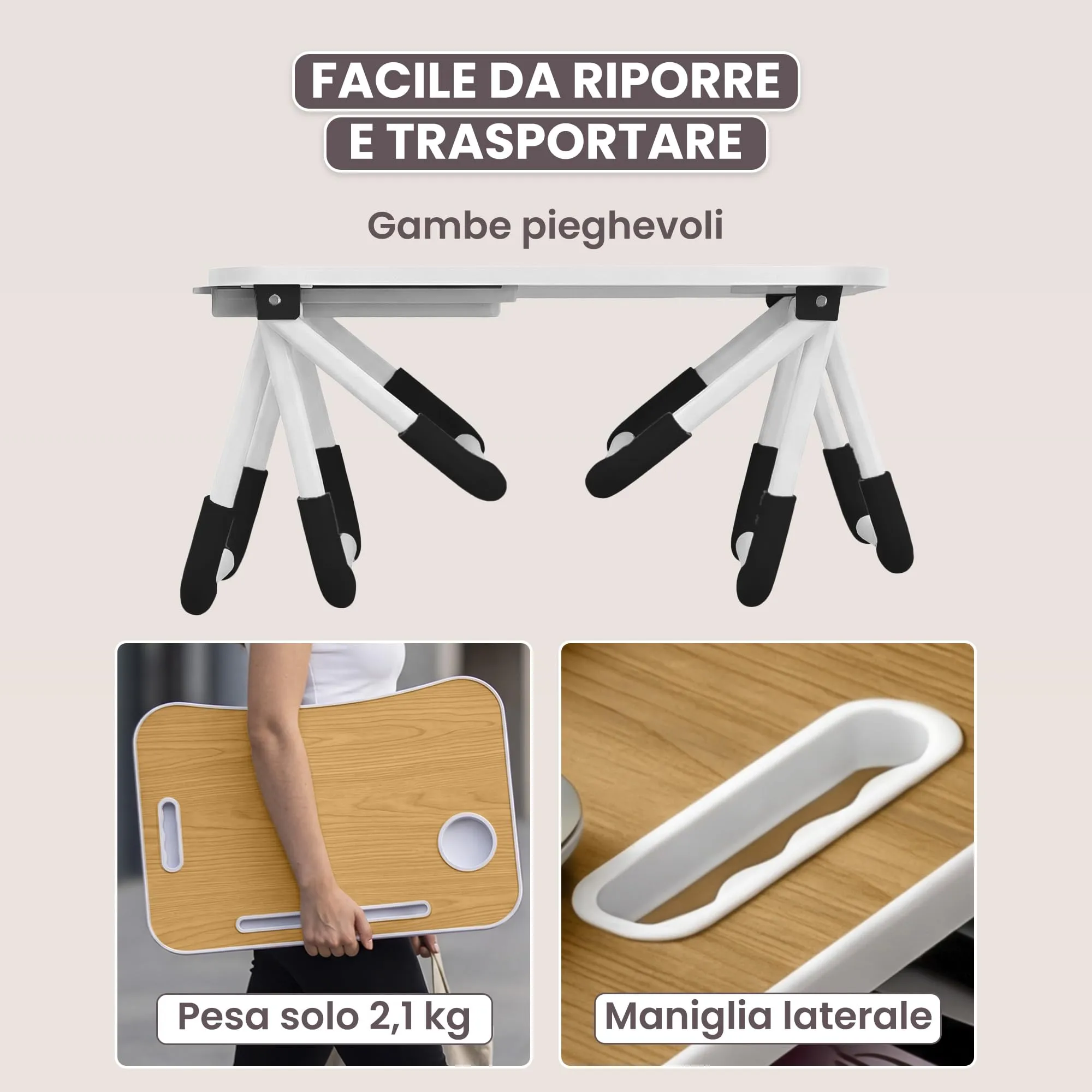 unycos Tavolino Pieghevole da Letto 60x40x26 cm, Noce, con Cassetto - immagine 6