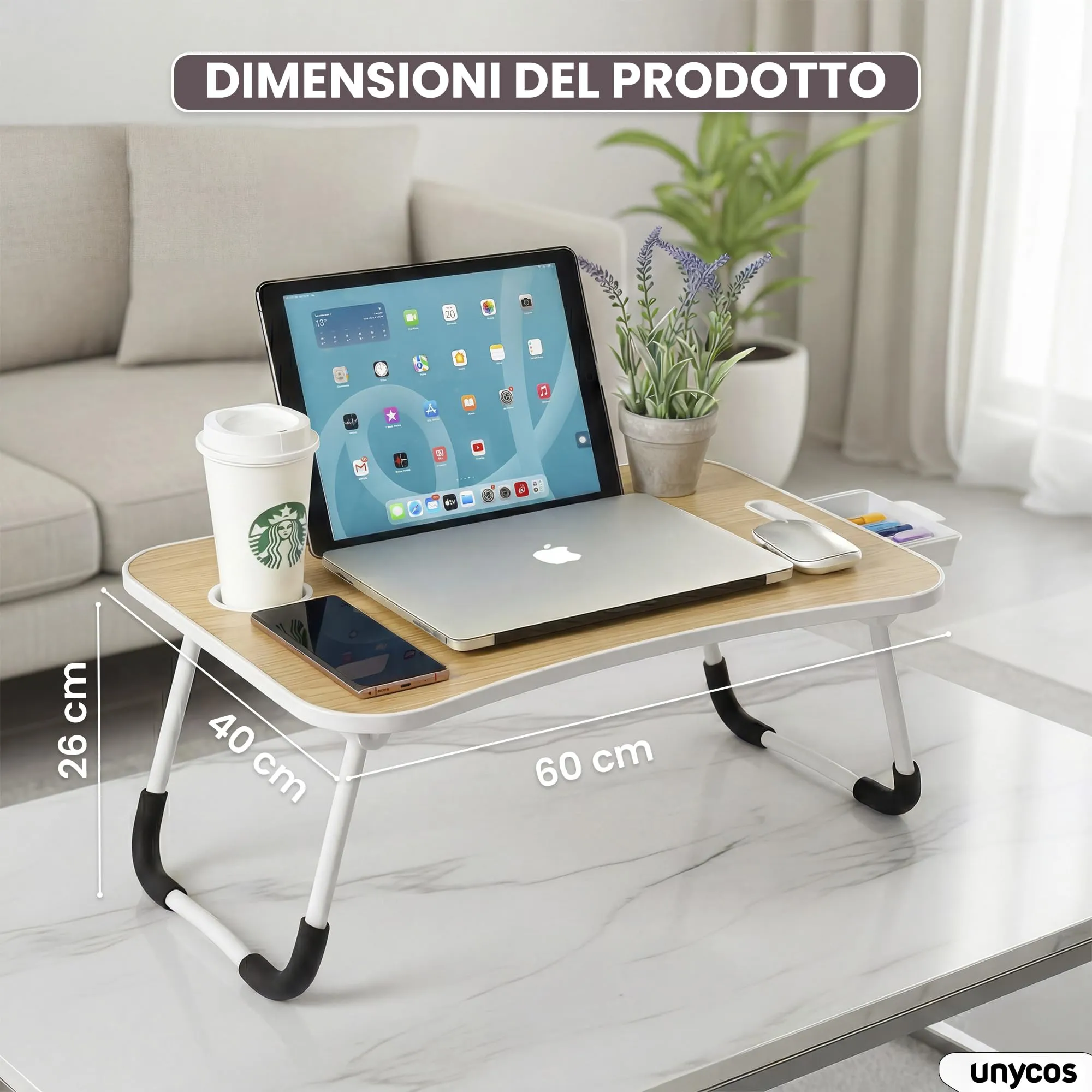 unycos Tavolino Pieghevole da Letto 60x40x26 cm, Noce, con Cassetto - immagine 7