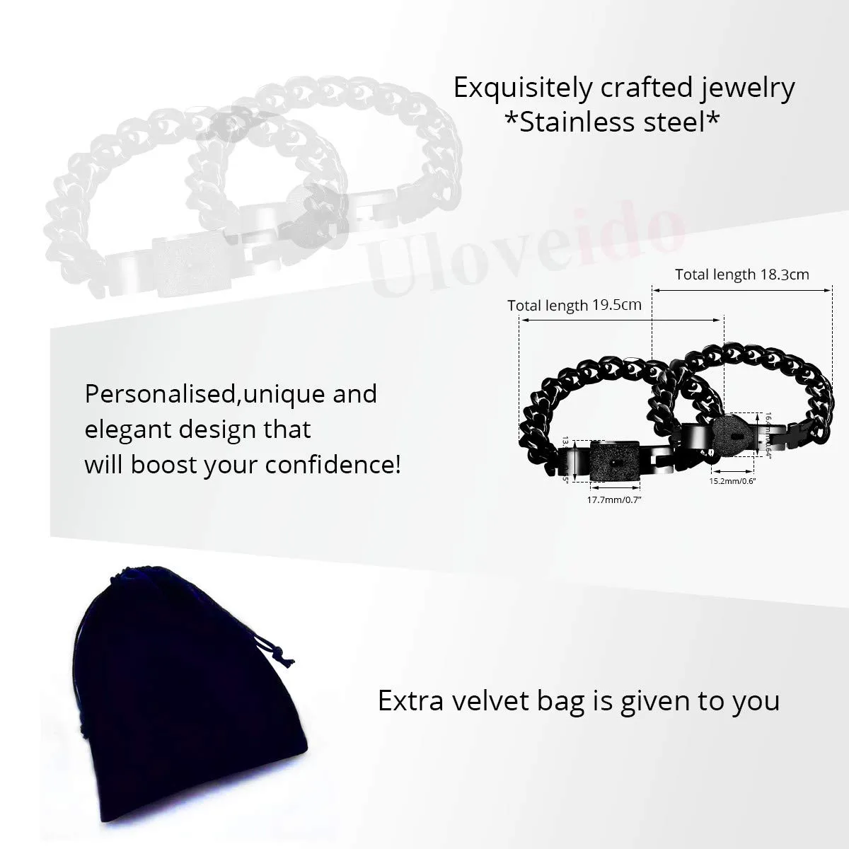 Uloveido Braccialetti per Coppie con Serratura e Chiave Y853 - Nero - immagine 6