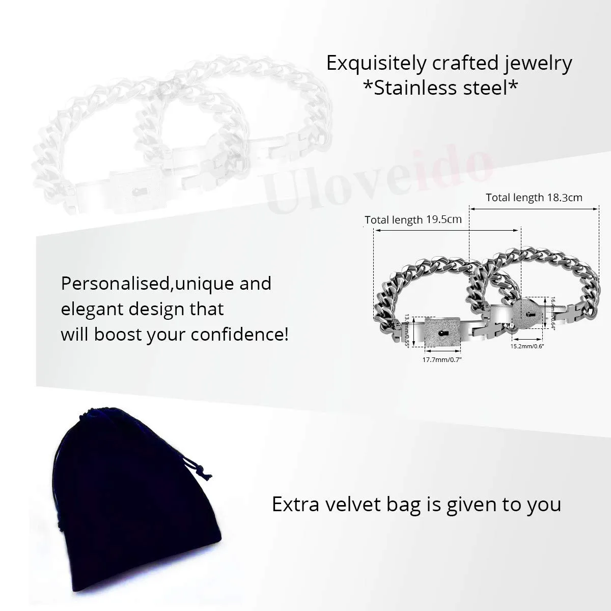 Uloveido Bracciali a Catena Cubana in Acciaio per Coppie con Chiusura a Cuore Y853 - immagine 6