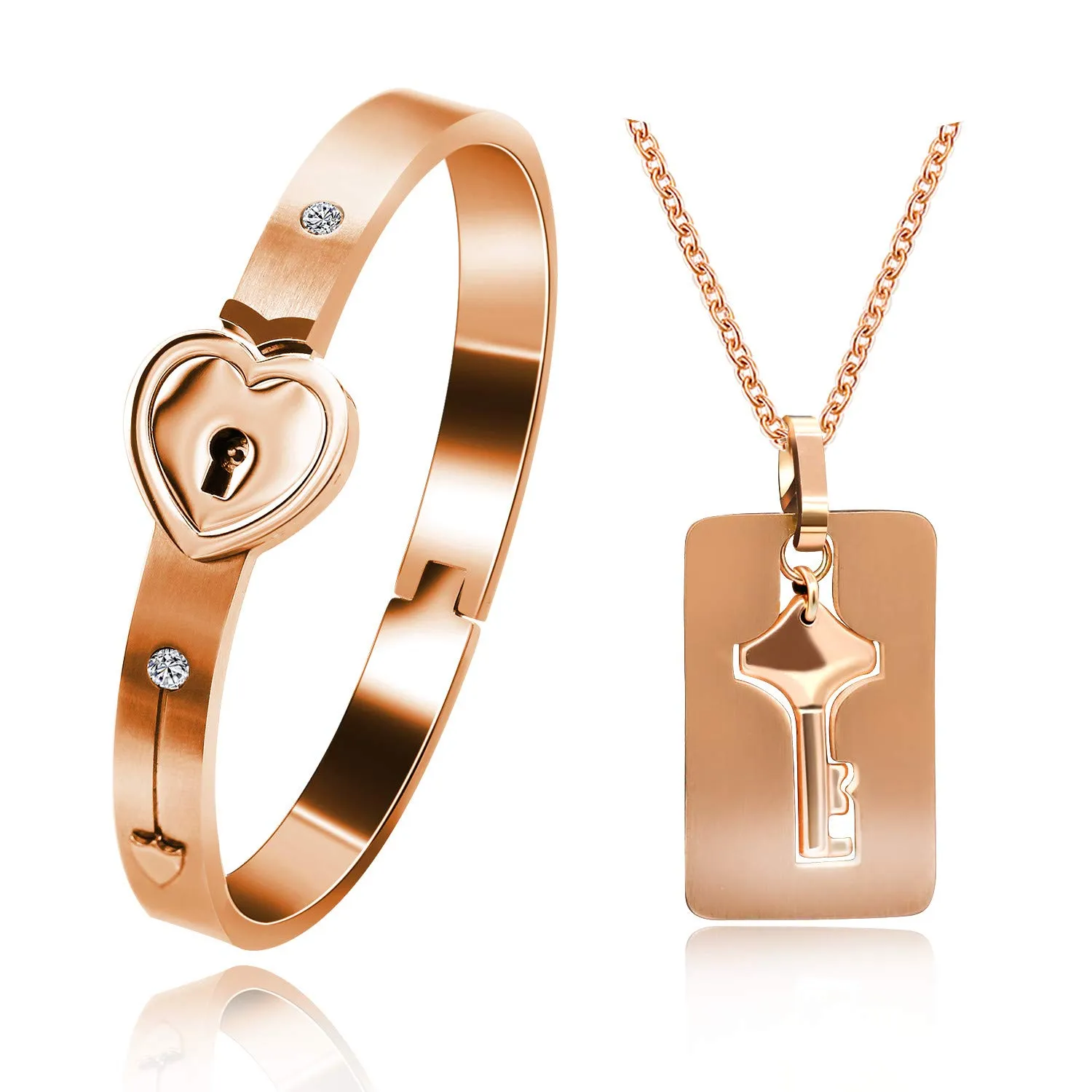 Uloveido Set di gioielli per coppie Bracciale rigido placcato oro rosa con lucchetto a cuore e Collana con ciondolo a chiave SN300 - immagine 1