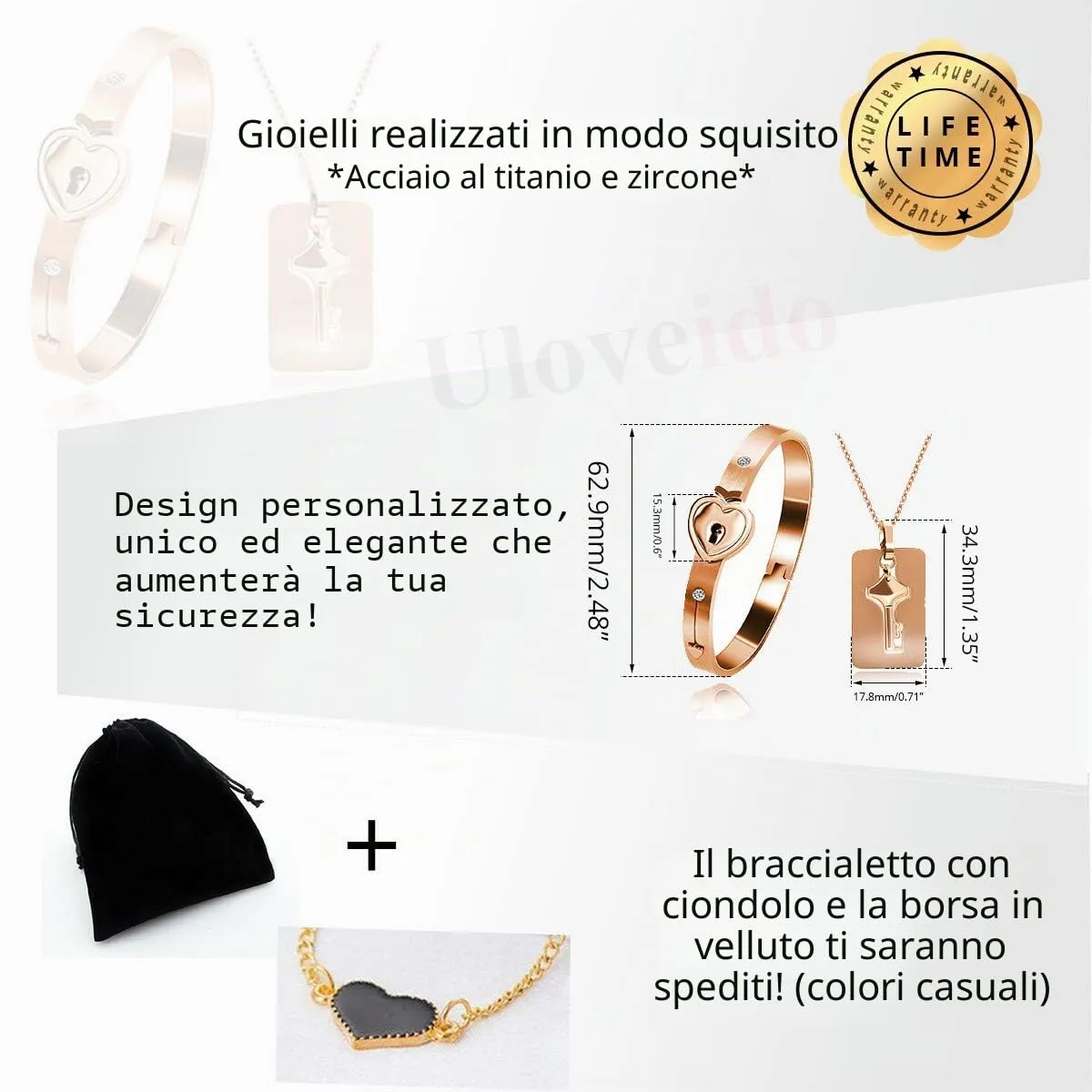 Uloveido Set di gioielli per coppie Bracciale rigido placcato oro rosa con lucchetto a cuore e Collana con ciondolo a chiave SN300 - immagine 7