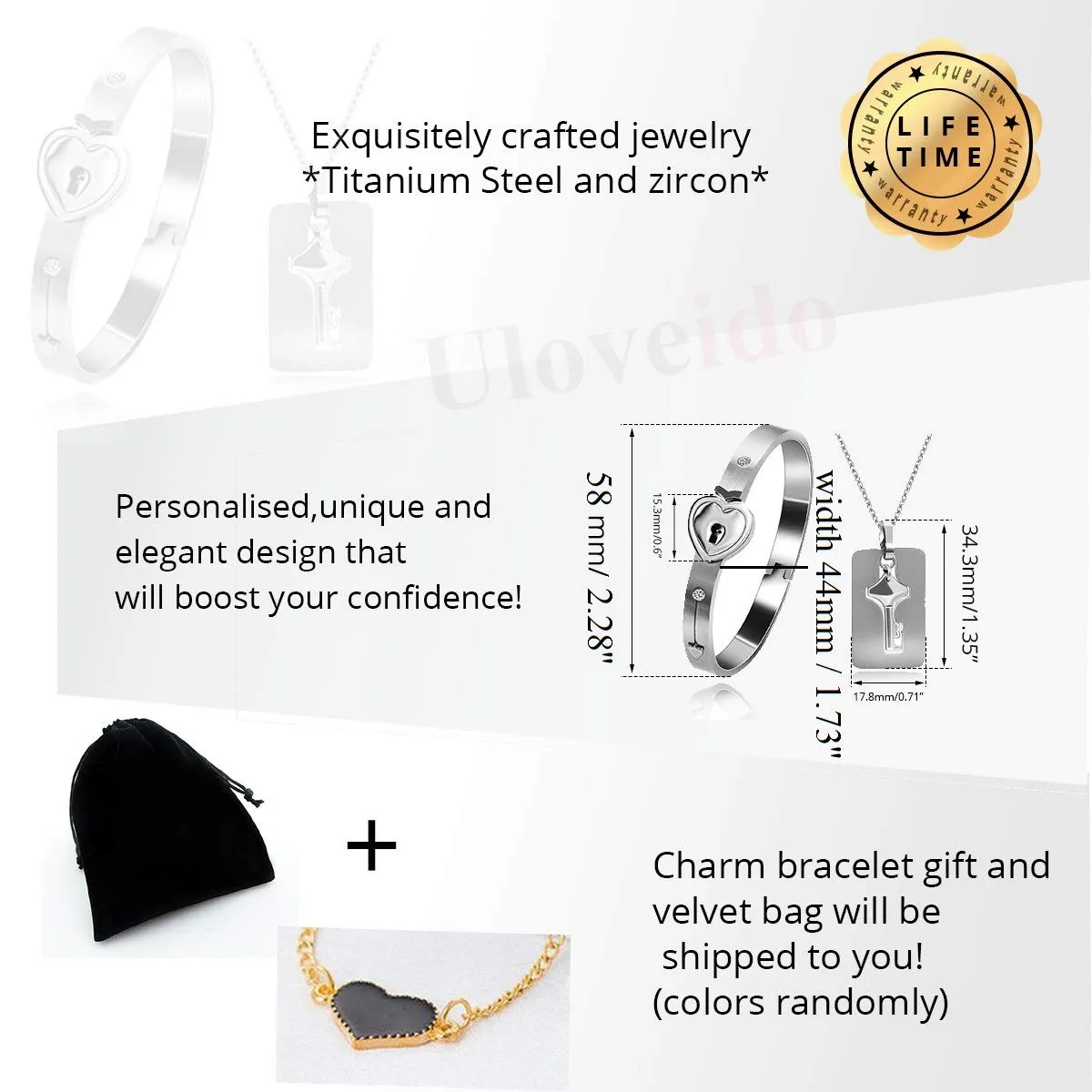 Uloveido Bracciale rigido in acciaio al titanio con ciondolo scudo e lucchetto per coppia SN300 - immagine 7