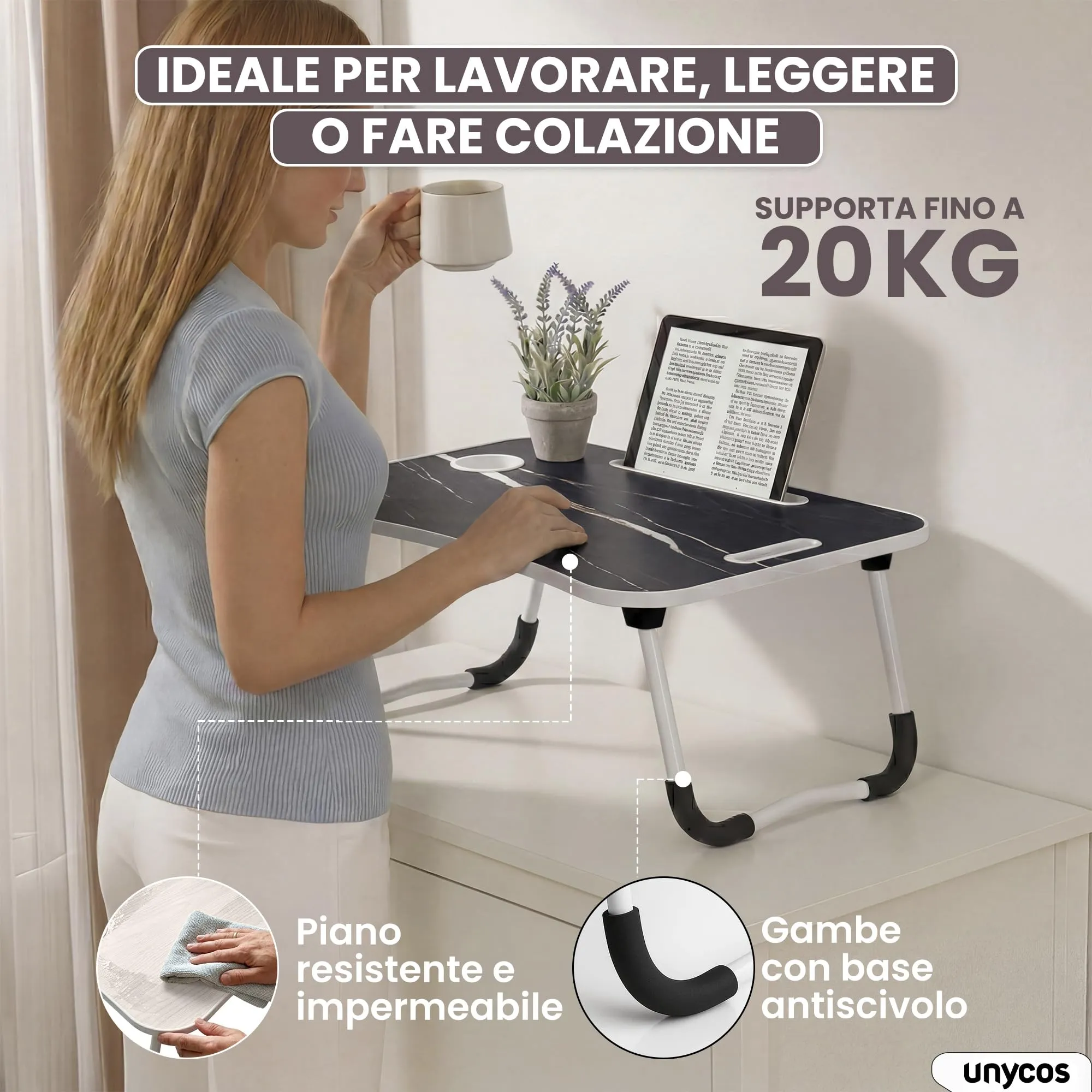 unycos Tavolino Pieghevole da Letto 60x40x26 cm, Marmo, senza Cassetto - immagine 2