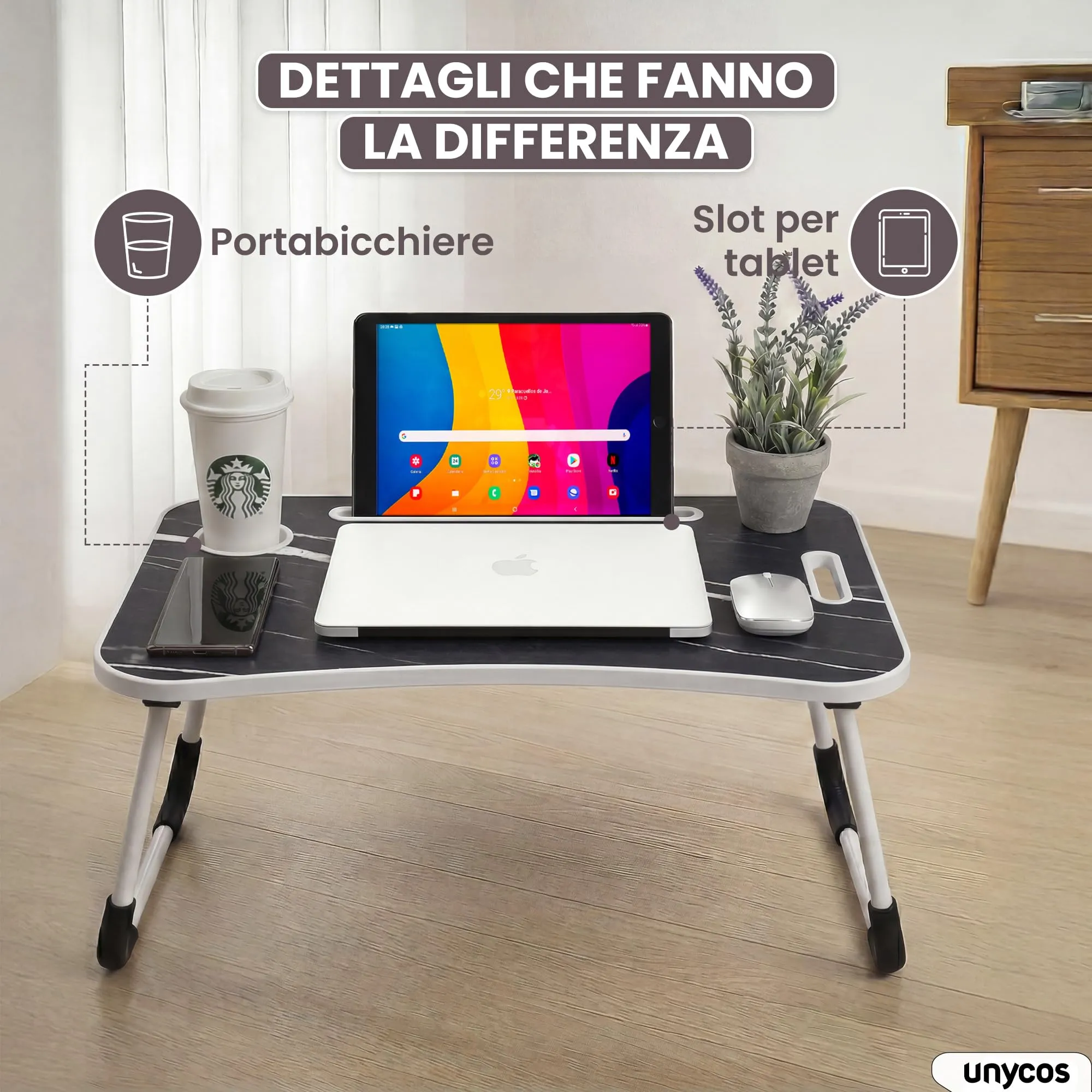 unycos Tavolino Pieghevole da Letto 60x40x26 cm, Marmo, senza Cassetto - immagine 4