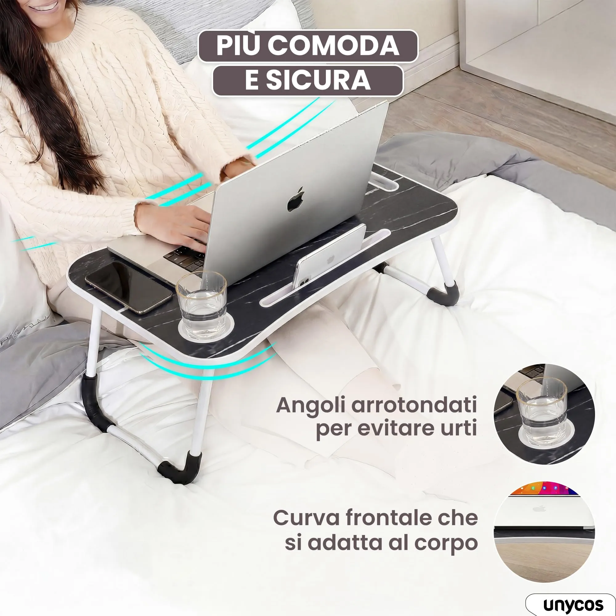 unycos Tavolino Pieghevole da Letto 60x40x26 cm, Marmo, senza Cassetto - immagine 5