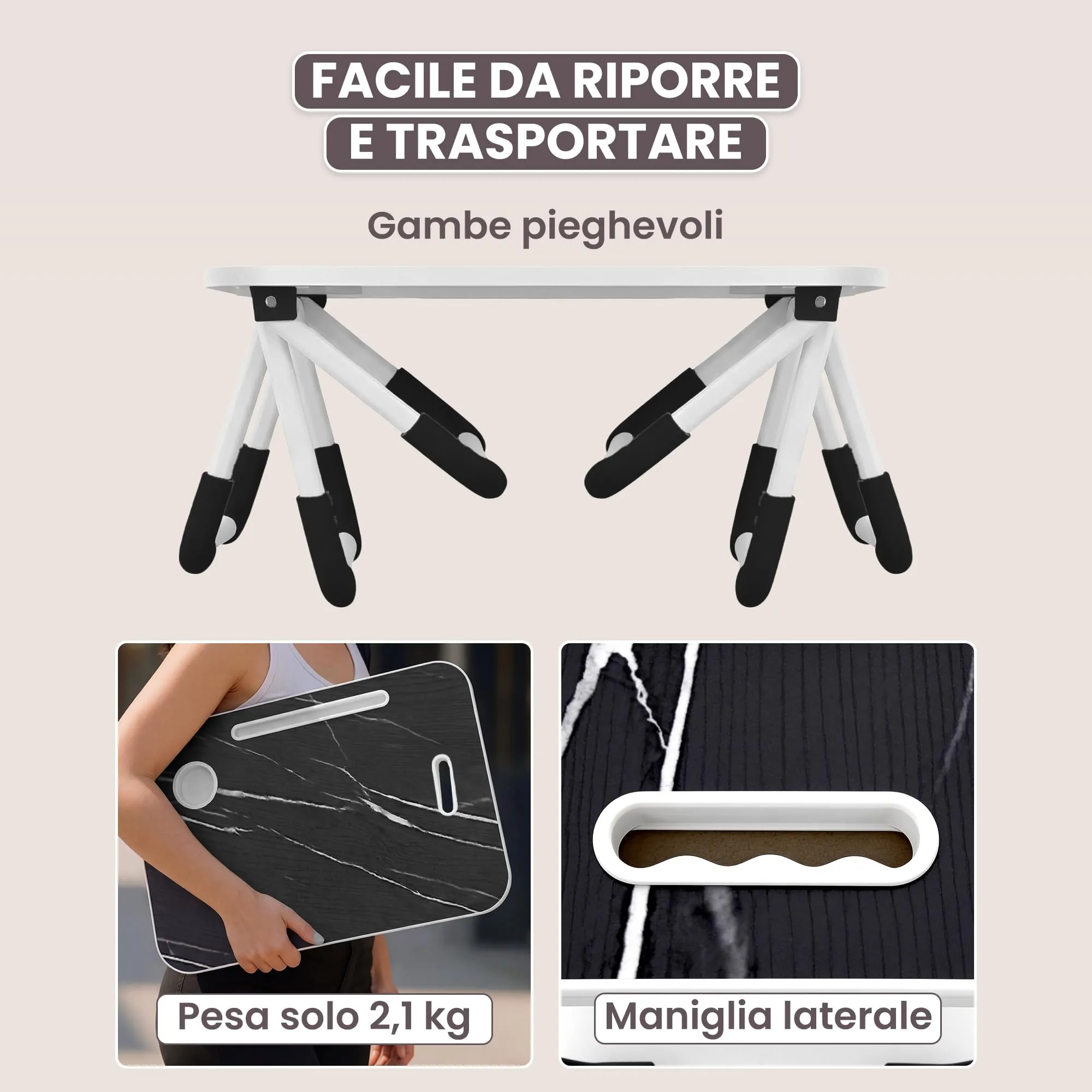 unycos Tavolino Pieghevole da Letto 60x40x26 cm, Marmo, senza Cassetto - immagine 6