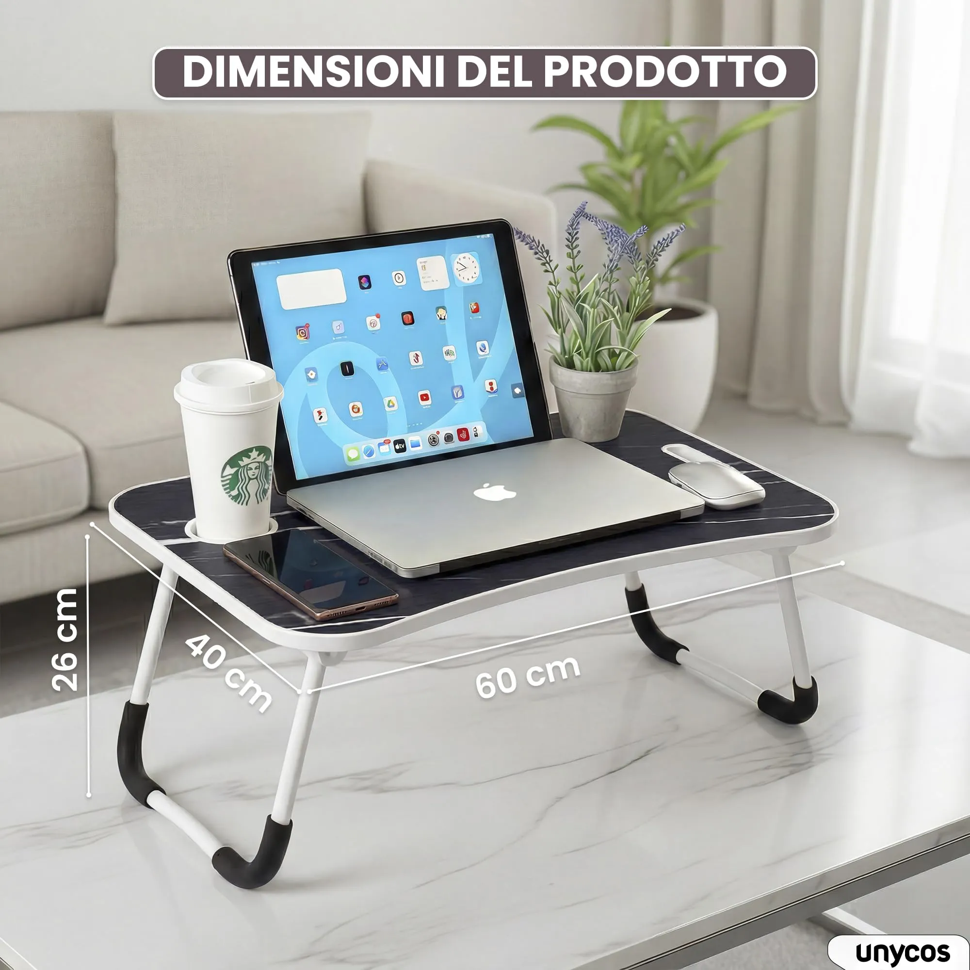 unycos Tavolino Pieghevole da Letto 60x40x26 cm, Marmo, senza Cassetto - immagine 7
