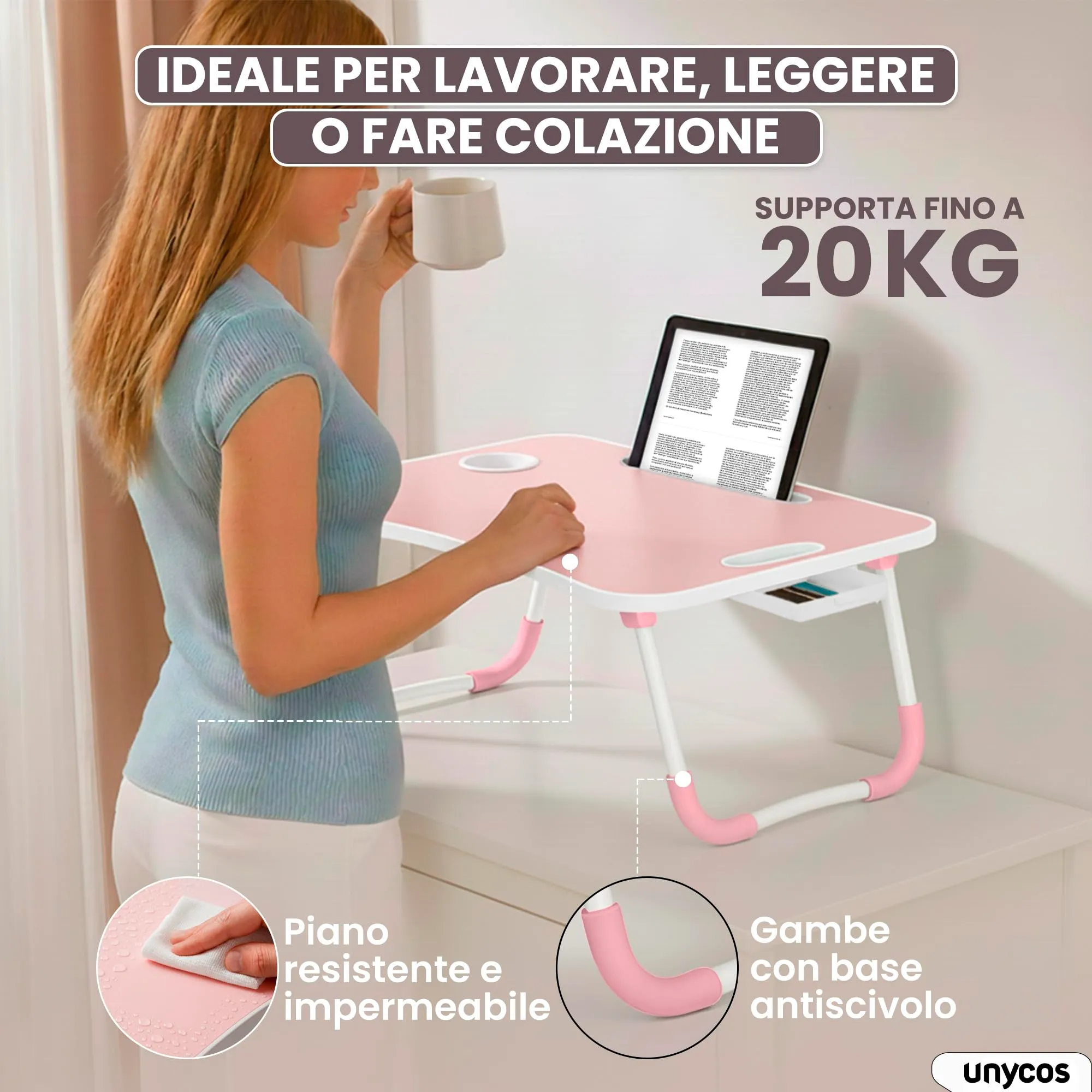 unycos Tavolino Pieghevole da Letto 60x40x26 cm, Rosa, con Cassetto - immagine 2