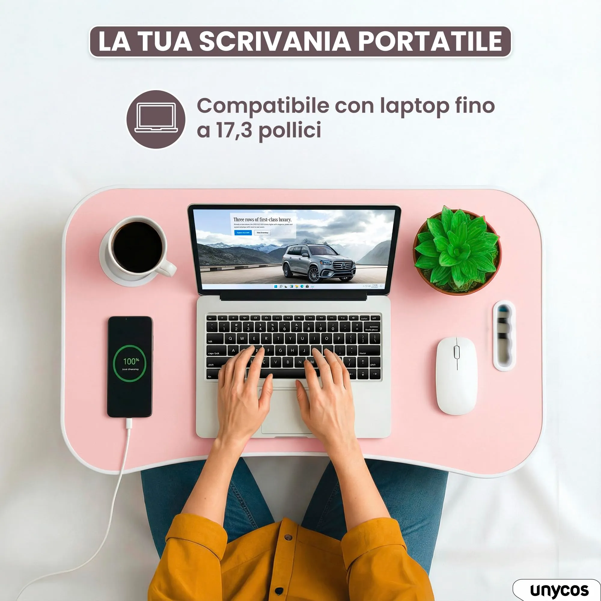 unycos Tavolino Pieghevole da Letto 60x40x26 cm, Rosa, con Cassetto - immagine 3