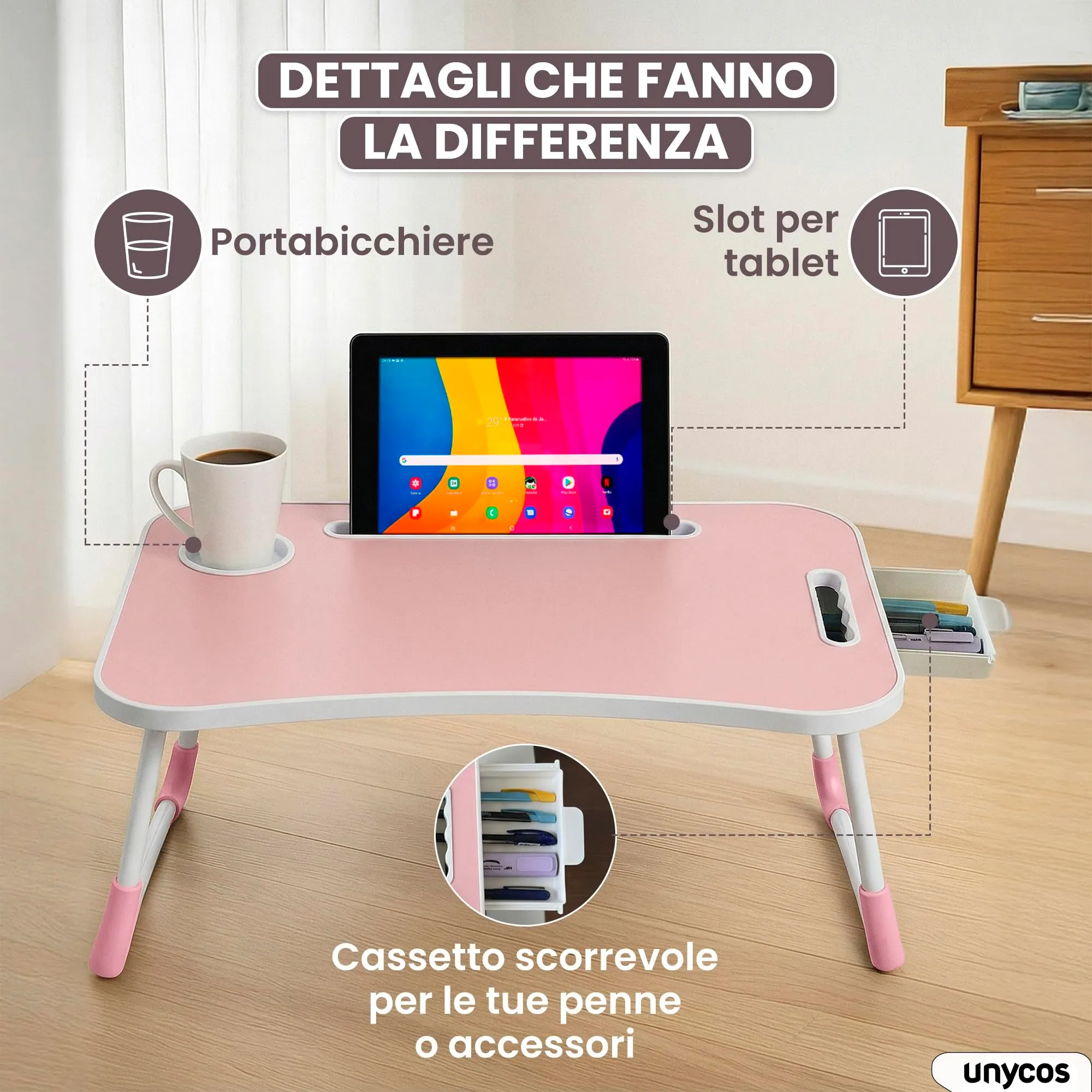 unycos Tavolino Pieghevole da Letto 60x40x26 cm, Rosa, con Cassetto - immagine 4