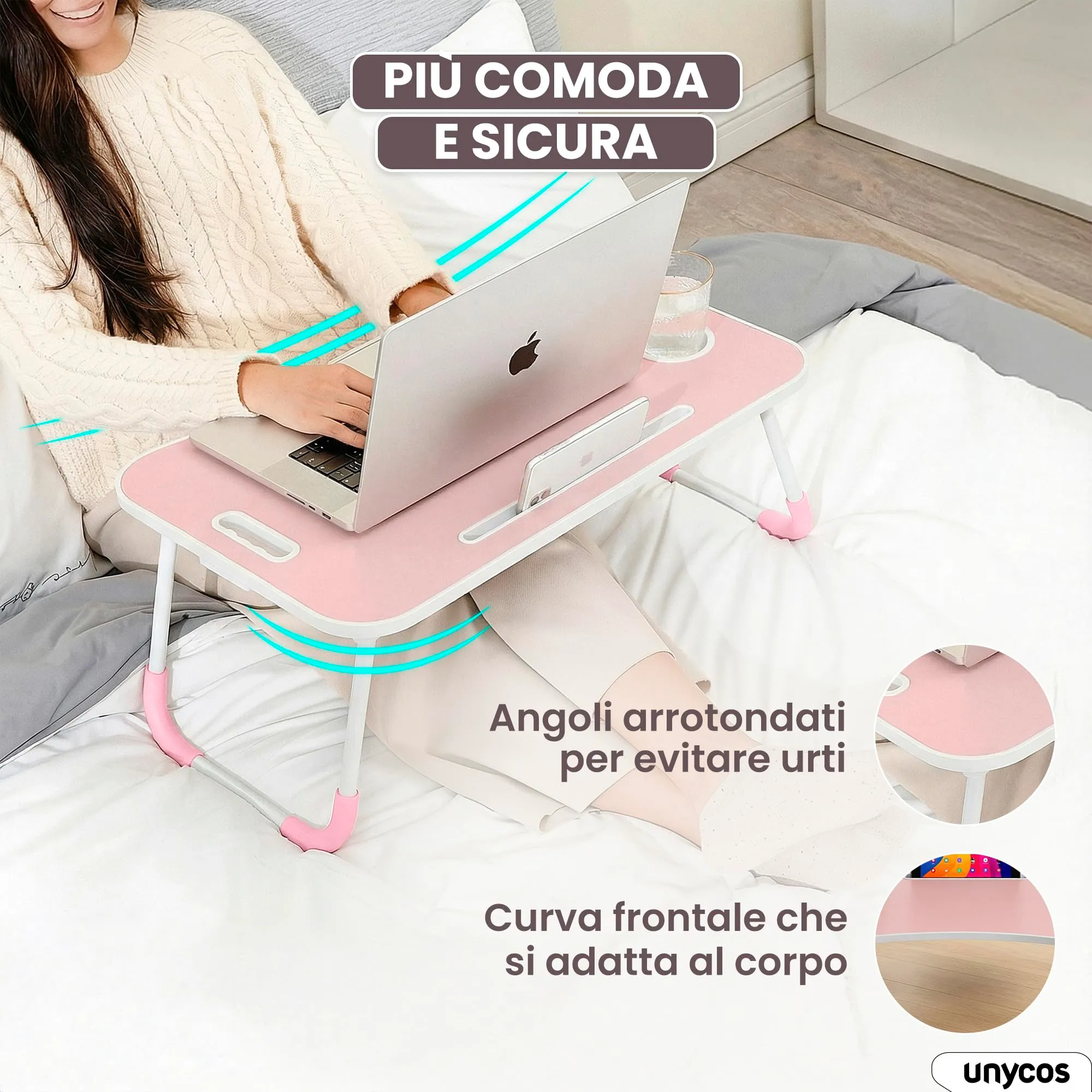 unycos Tavolino Pieghevole da Letto 60x40x26 cm, Rosa, con Cassetto - immagine 5
