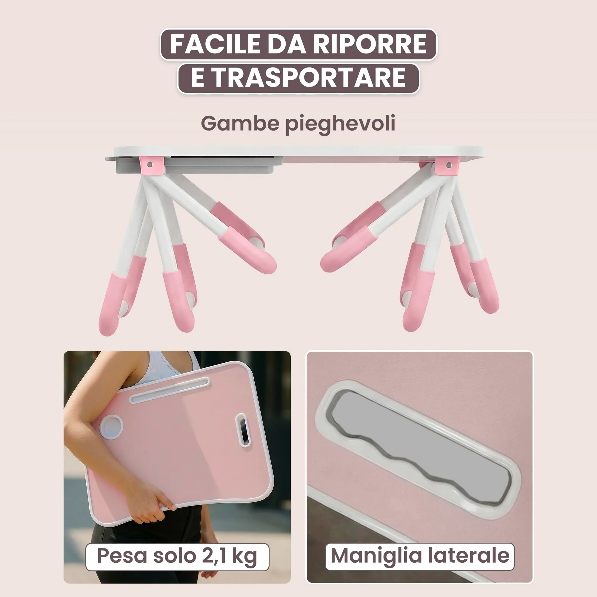 unycos Tavolino Pieghevole da Letto 60x40x26 cm, Rosa, con Cassetto - immagine 6