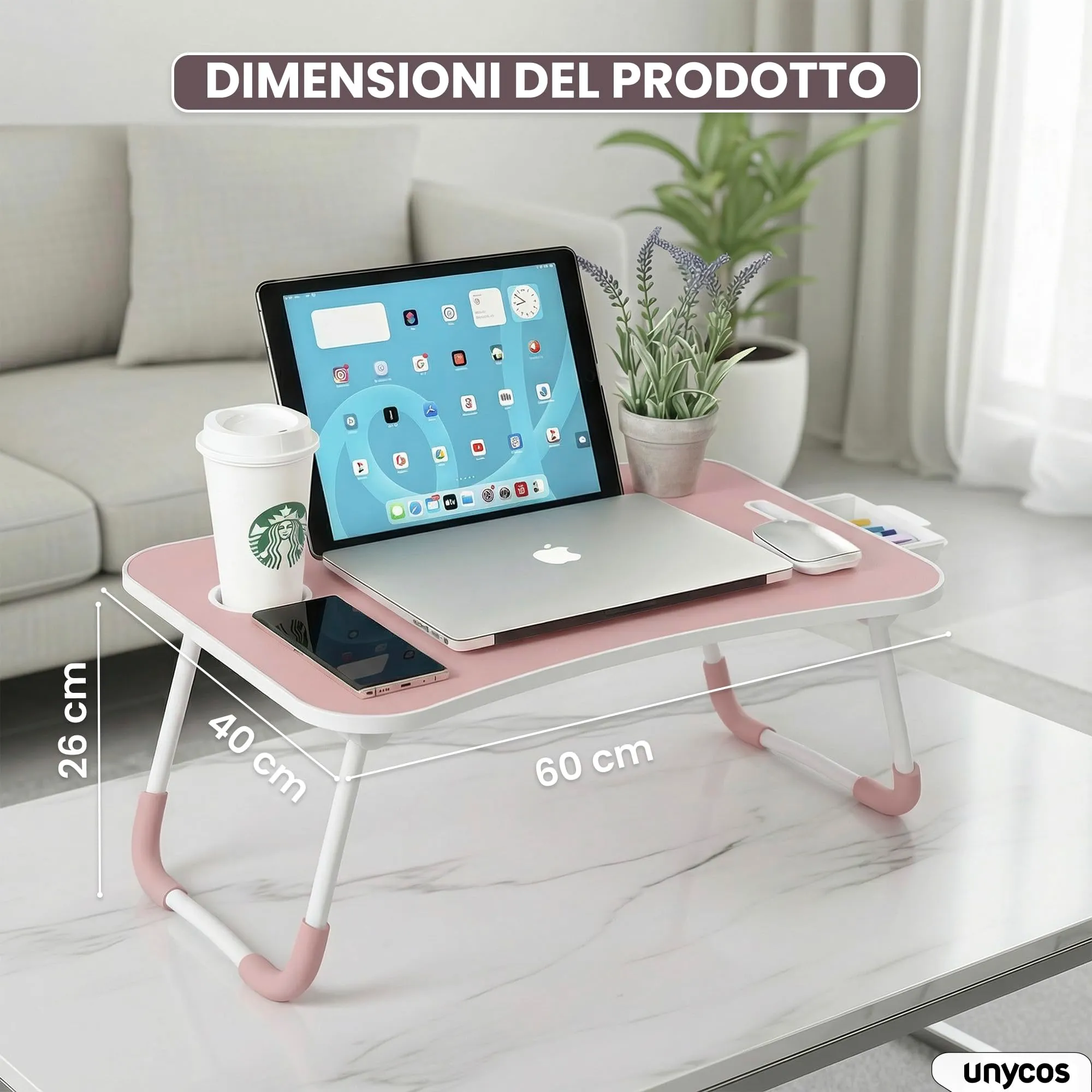 unycos Tavolino Pieghevole da Letto 60x40x26 cm, Rosa, con Cassetto - immagine 7