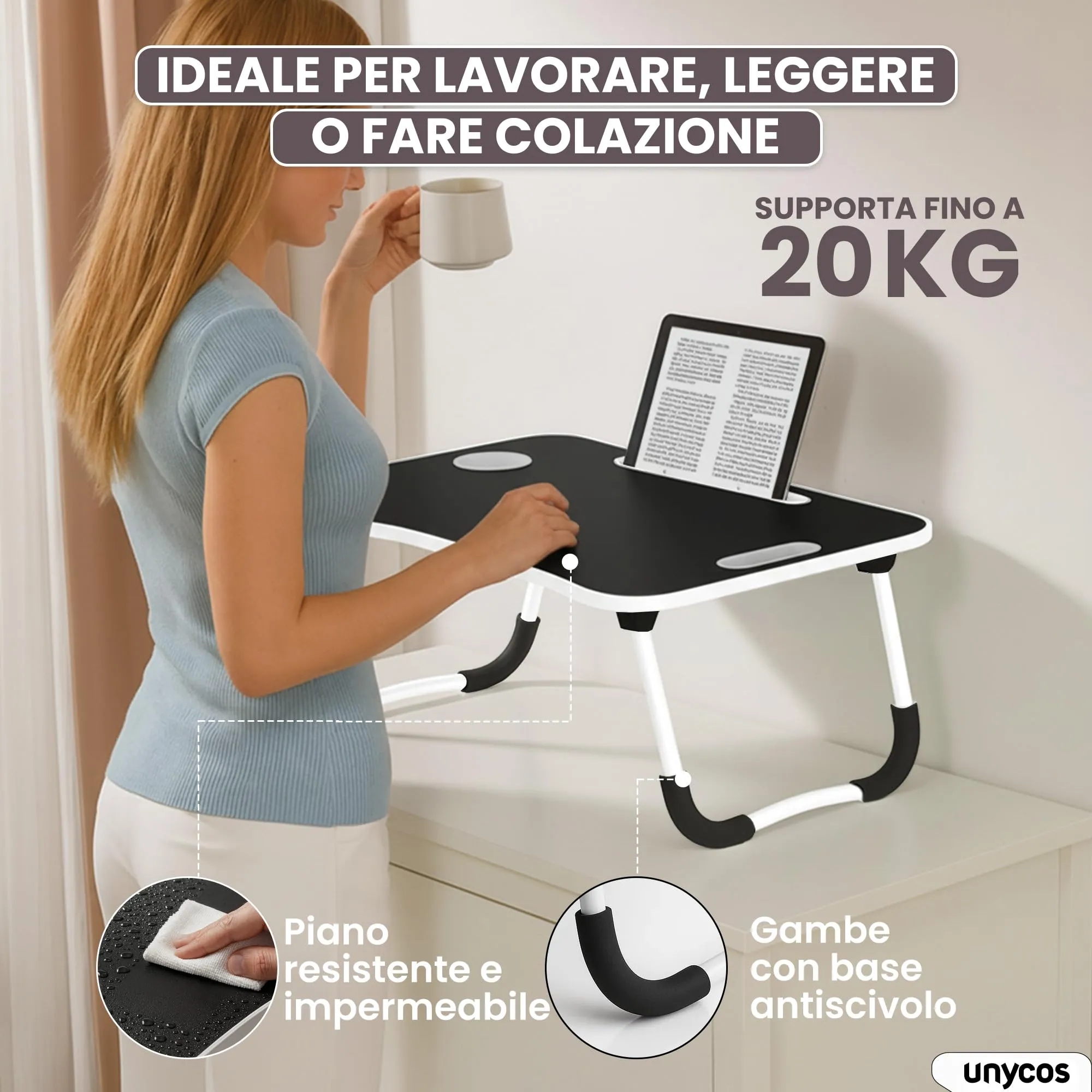 unycos Tavolino Pieghevole da Letto 60x40x26 cm, Nero, senza Cassetto - immagine 2
