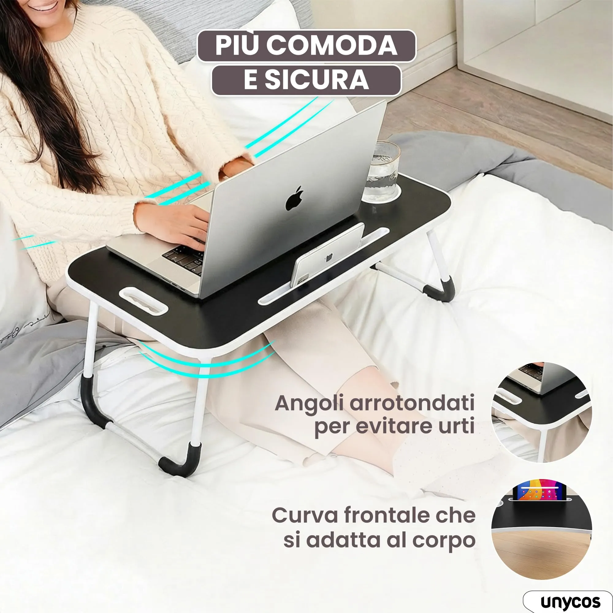 unycos Tavolino Pieghevole da Letto 60x40x26 cm, Nero, senza Cassetto - immagine 5