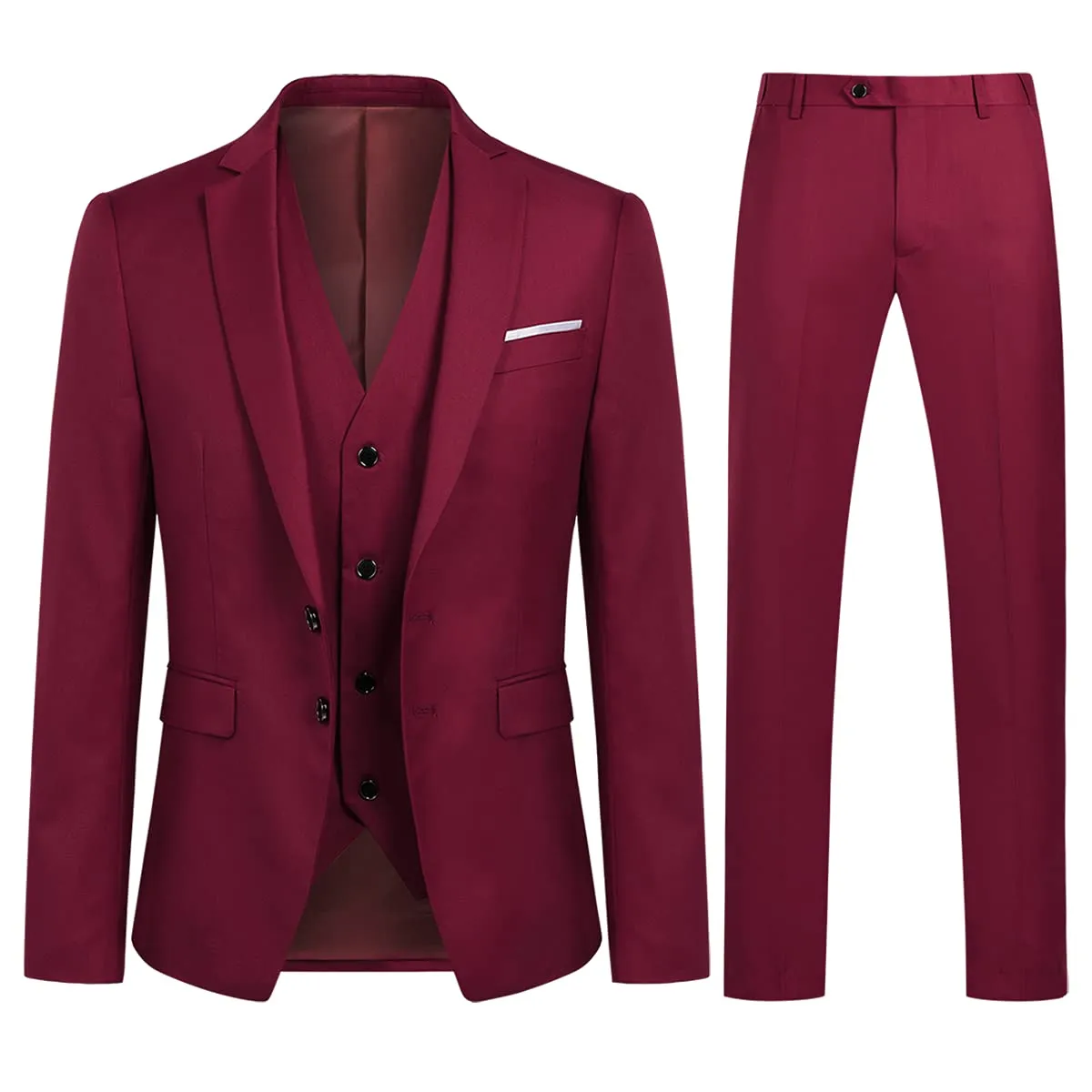 YOUTHUP Abito Uomo 3 Pezzi Slim Fit Blazer Gilet Pantaloni Vino Rosso XXL - immagine 1