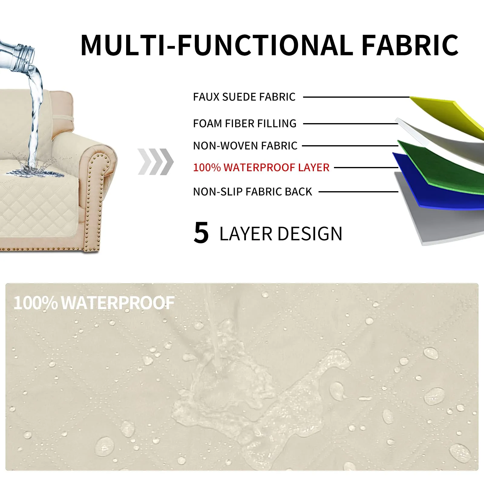 Easy-Going Copridivano Impermeabile per 4 Cuscini con Cinghie Elastiche Antiscivolo, XXL, Avorio - immagine 3