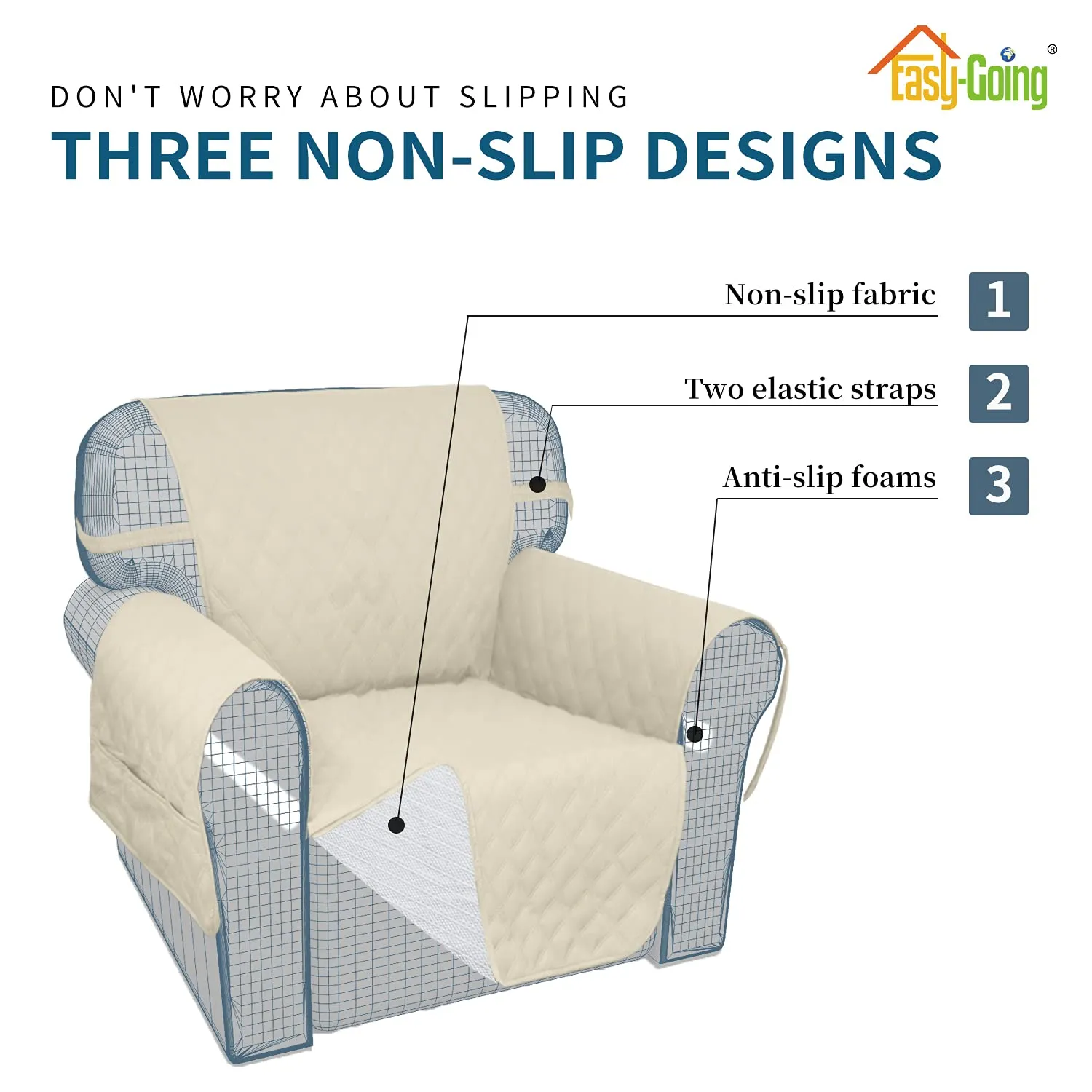 Easy-Going Copridivano Impermeabile per 4 Cuscini con Cinghie Elastiche Antiscivolo, XXL, Avorio - immagine 4